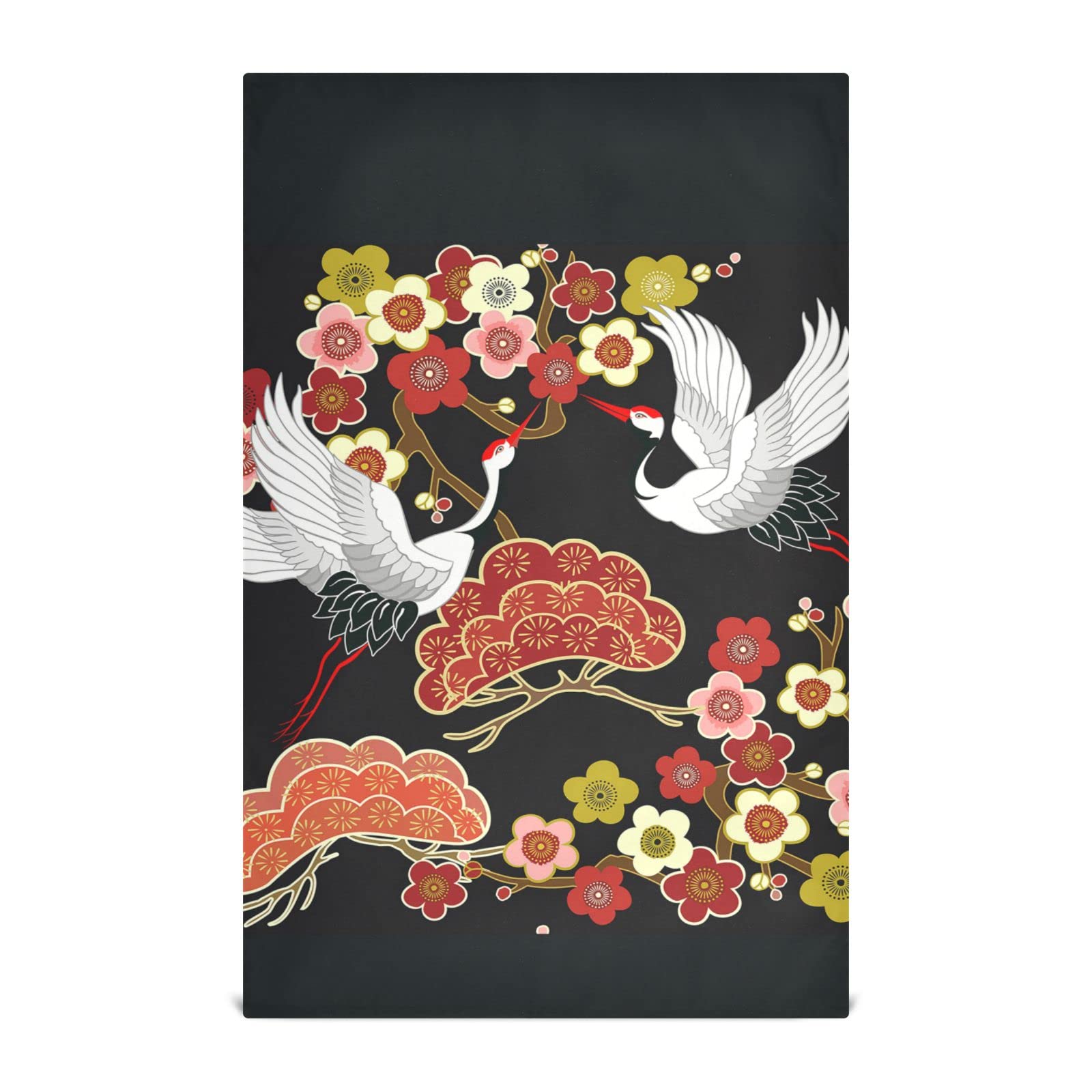 Japanese Flying Birds Crane Flowers Polyester Kitchen Dish Towel Set - Hemmed Waffle Weave Dishcloths, Hand & Tea Towels with Hanging Loop for Drying Dishes, Cleaning Countertops & Decorating Kitchen