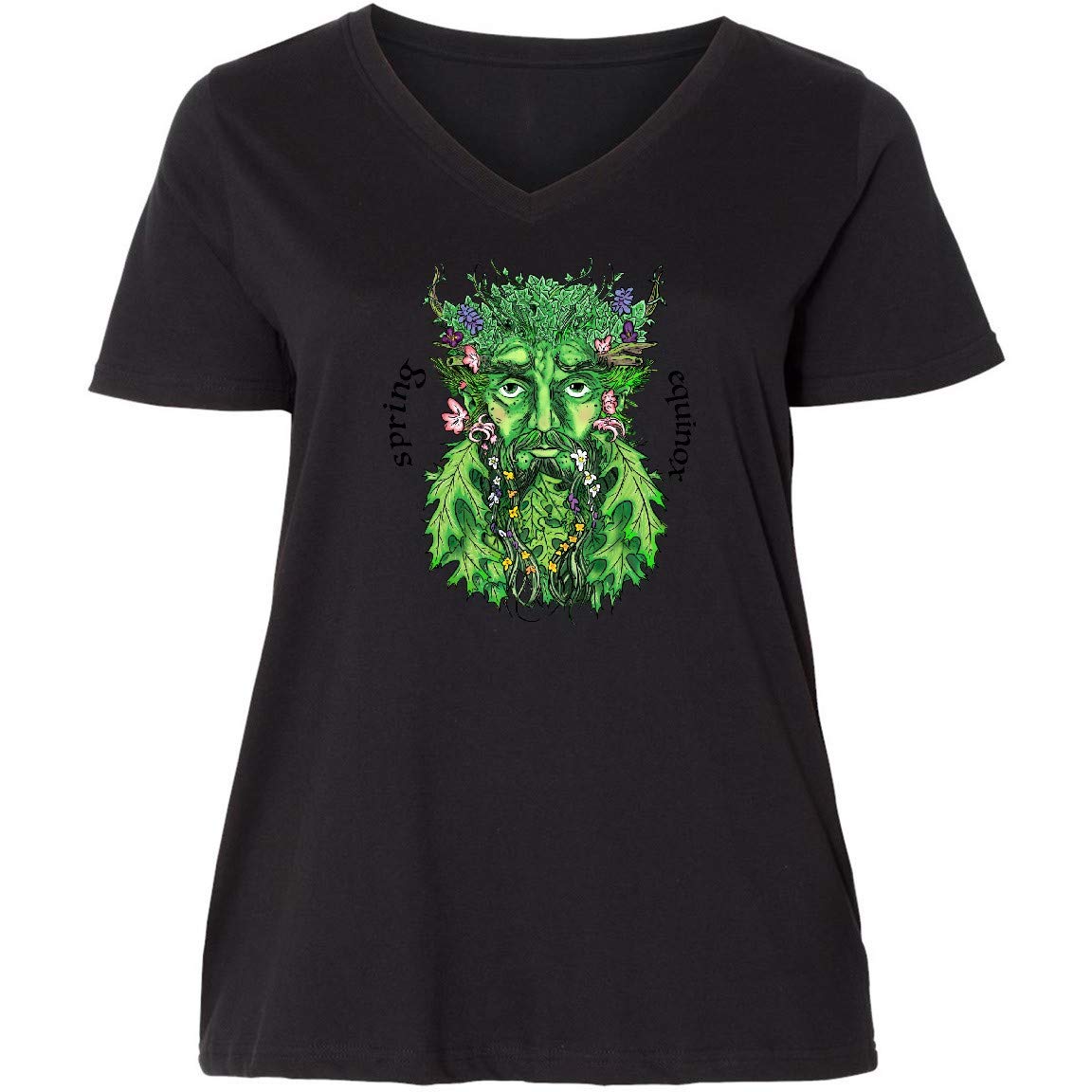 Inktastic 1st Day of Spring Greenman Spring Equinox Women's Plus Size V-Neck T-Shirt | Eco-Friendly Graphic Tee for Spring Celebrations & Outdoor Festivals