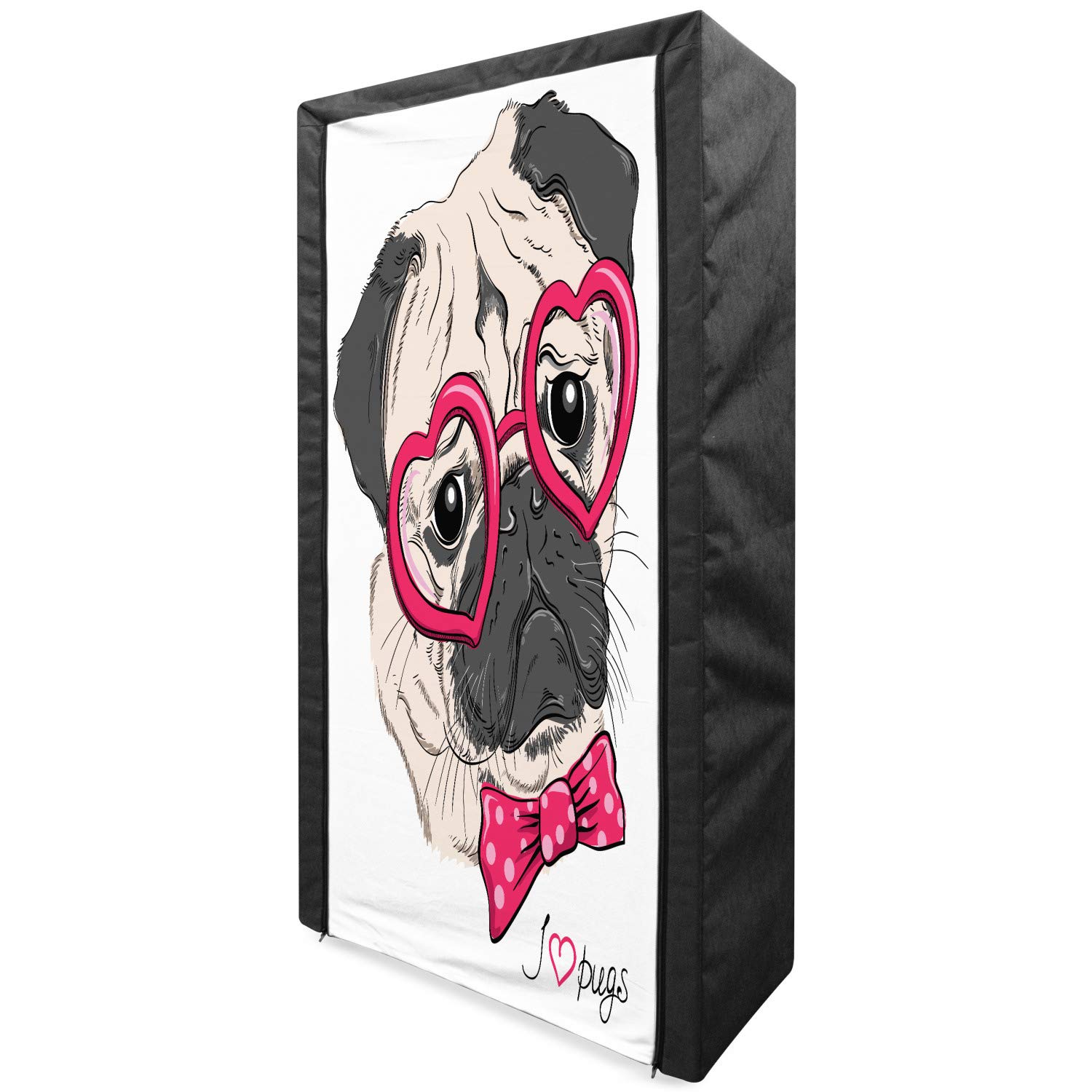 Ambesonne Pug Portable Fabric Wardrobe - Dog with Heart Glasses & Bow Tie Design - 33.5 Inch Pink Grey White Clothing Organizer with Shelves - Perfect for Bedroom, Closet & Dorm Storage