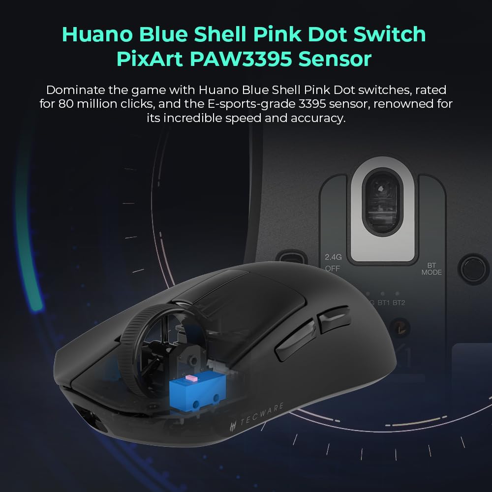TECWARE EX1 Ultra Lightweight Wireless Gaming Mouse - 26K DPI, OLED Display, 59g Ergonomic Design, RGB Charging Dock, Tri-Mode Connectivity with PTFE Feet & Grip Tape - Perfect for FPS, MOBA & MMO Gaming (Black)