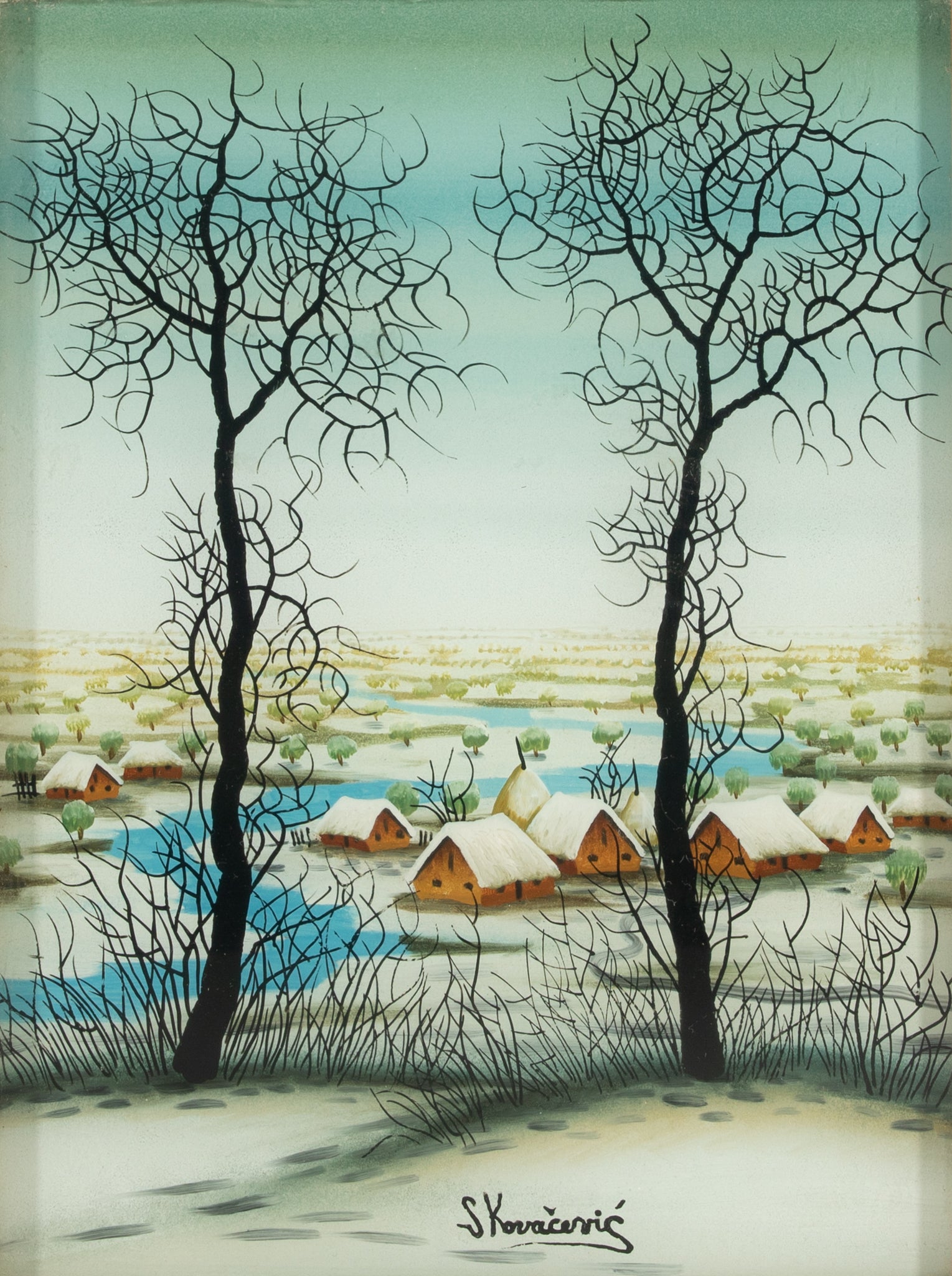 S. Kovacevic Landscape with Village Oil Painting on Glass - Handmade Artwork for Home Decor, Office & Gift Giving