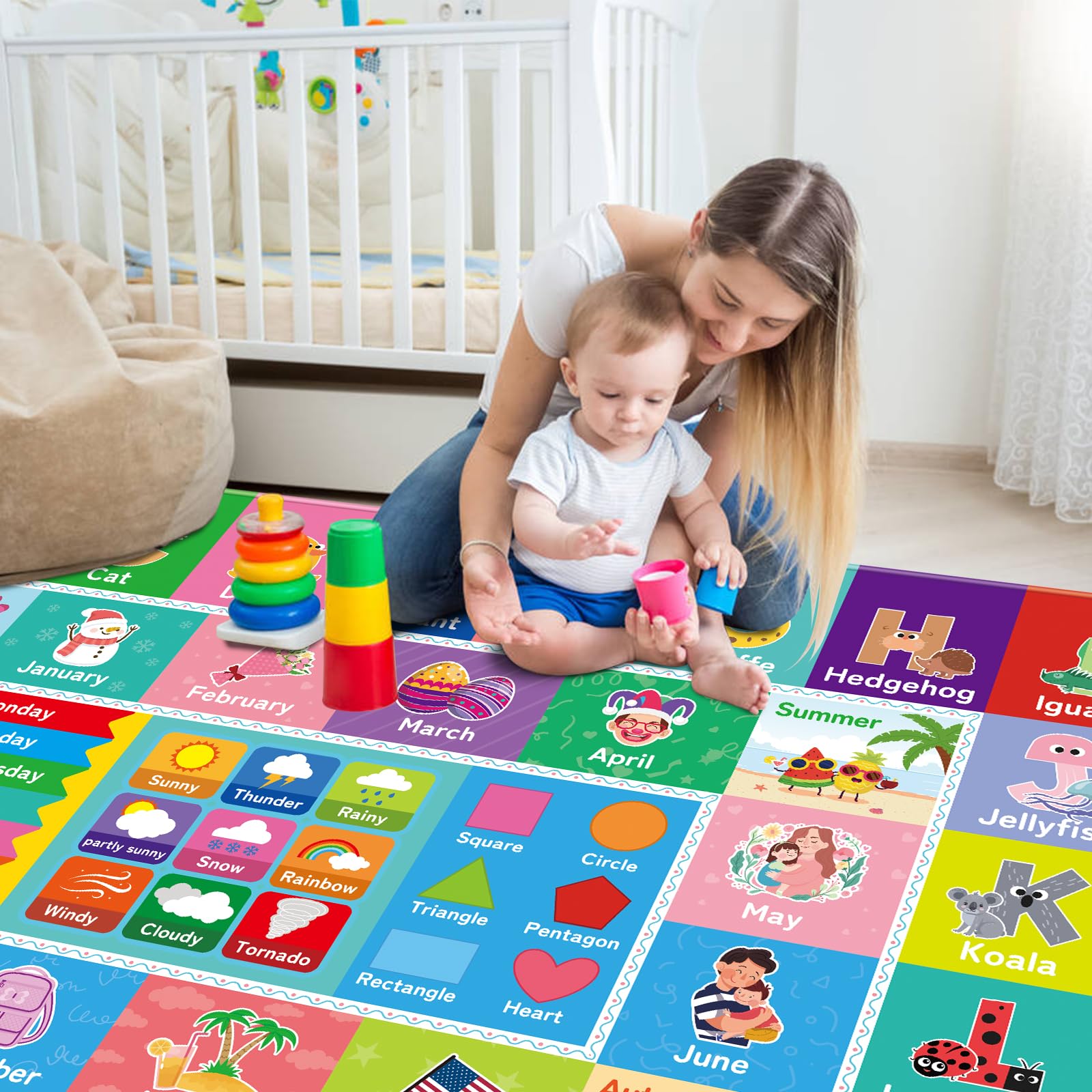 AKASISRUG Educational Kids Playroom Rug - ABC Alphabet, Months, Weather, Week & Shapes Learning Carpet for Toddlers | Non-Slip Nursery Mat for Bedroom, Classroom & Daycare (110.2x78.7 Inch) - Perfect for Early Childhood Education & Interactive Playtime