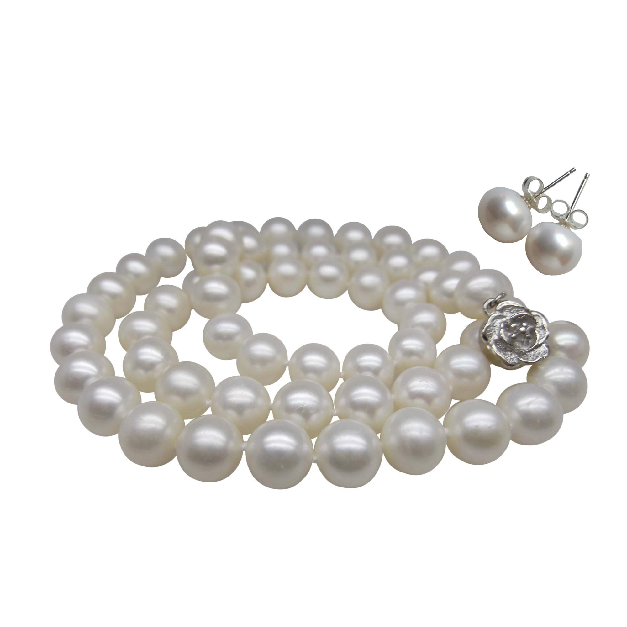 Pearl Romance II Round White Cultured Freshwater Pearl Necklace & Stud Earrings 2-Piece Jewelry Set for Women – Perfect for Weddings, Brides, Bridesmaids & Special Occasions