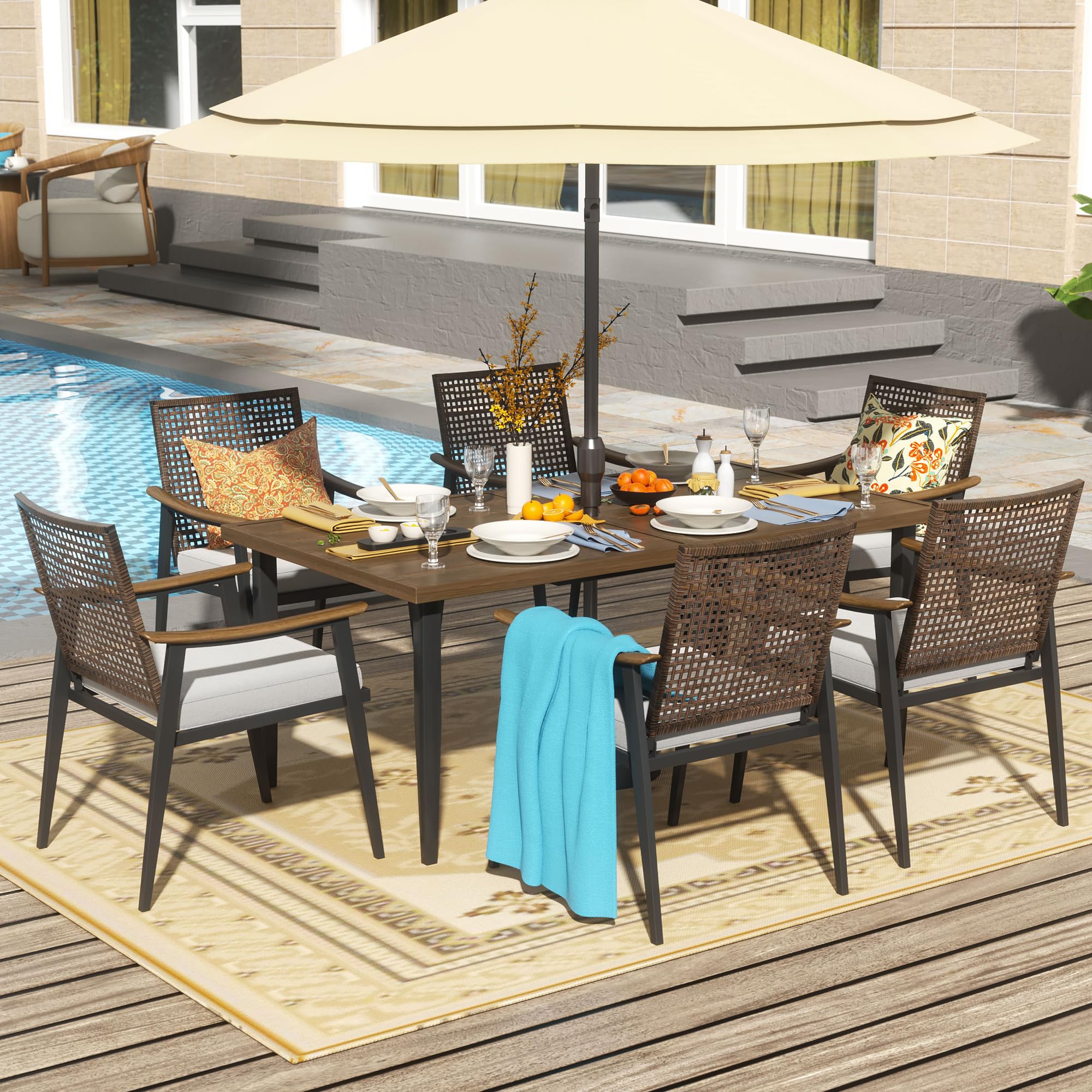 **7-Piece Outdoor Patio Dining Set for 6 - Rattan Wicker Chairs with Cushions & 70