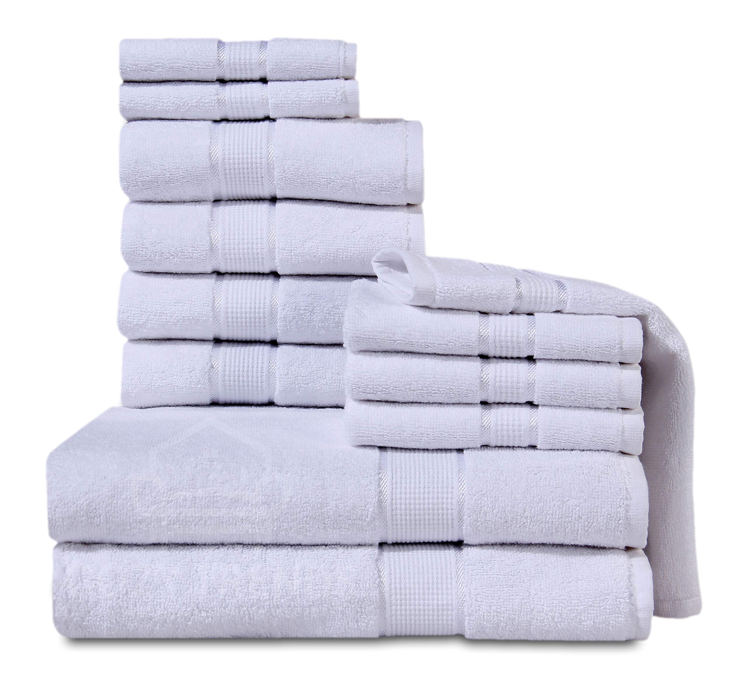 Premium 600 GSM 12-Piece Bath Towel Set - Ultra Absorbent Long-Staple Combed Cotton (6 Washcloths, 4 Hand Towels, 2 Bath Towels) - Soft & Luxurious White Bathroom Towels for Spa, Hotel, or Home Use
