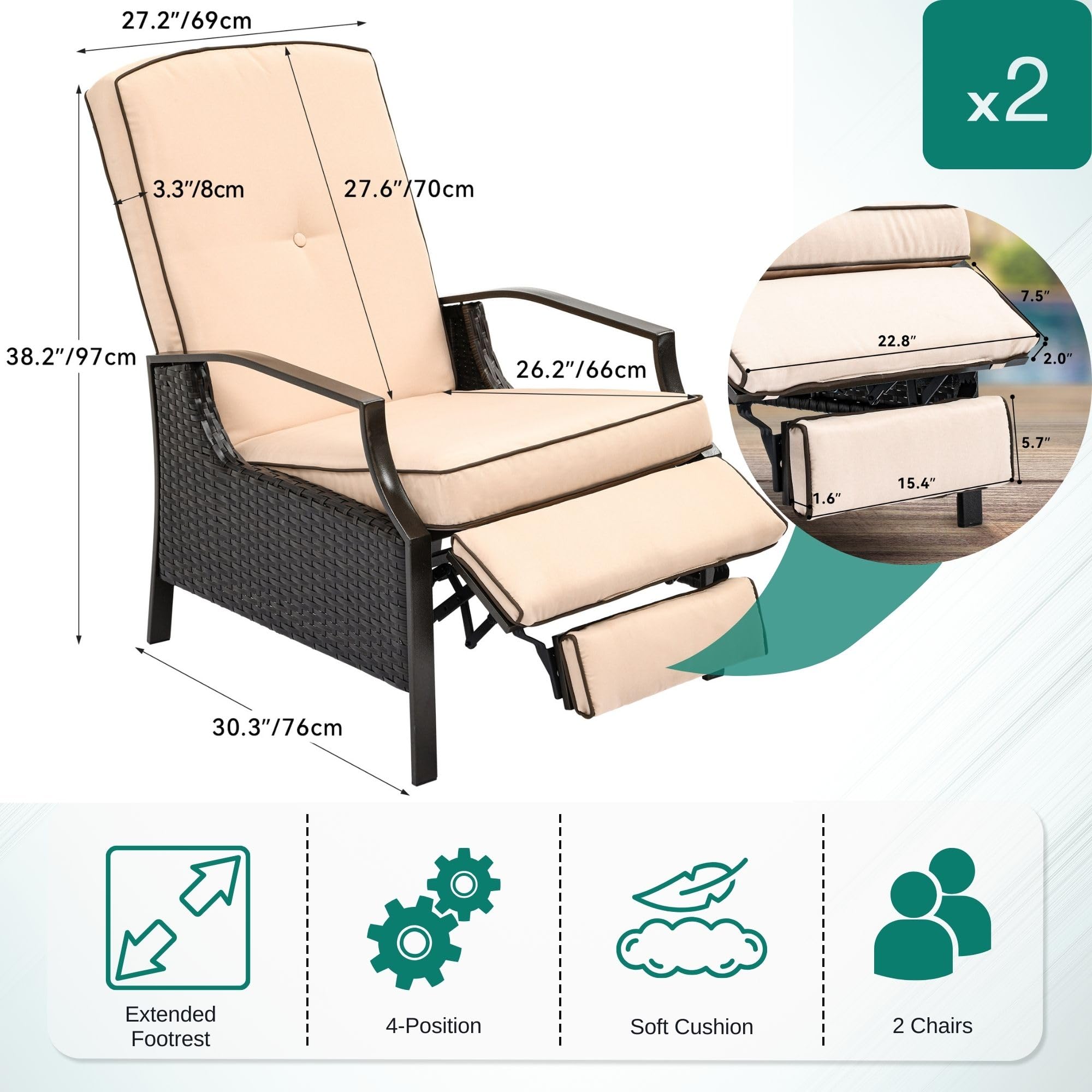 YITAHOME 2-Piece Outdoor Recliner Chair Set - Adjustable Wicker Patio Lounge Chairs with Thick Cushions & Footrest - Brown & Beige Rattan Furniture for Backyard, Poolside, and Garden Relaxation