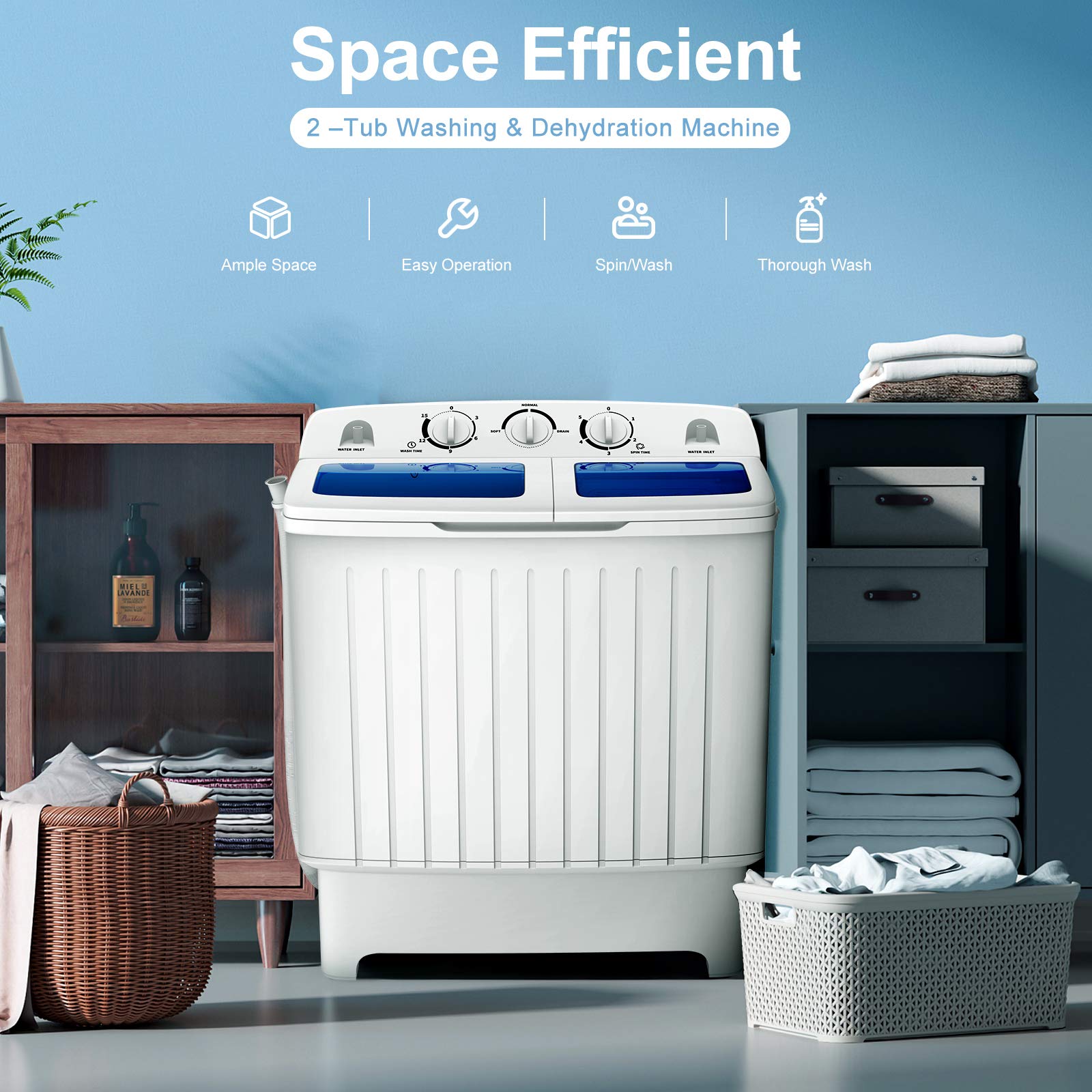 ARLIME 20lbs Portable Twin Tub Washing Machine with Drain Pump - Semi-Automatic Compact Washer (12lbs) & Spinner (8lbs) - Perfect for Apartments, Dorms, RV & Camping - Ideal for Small Spaces, Travel & Off-Grid Living