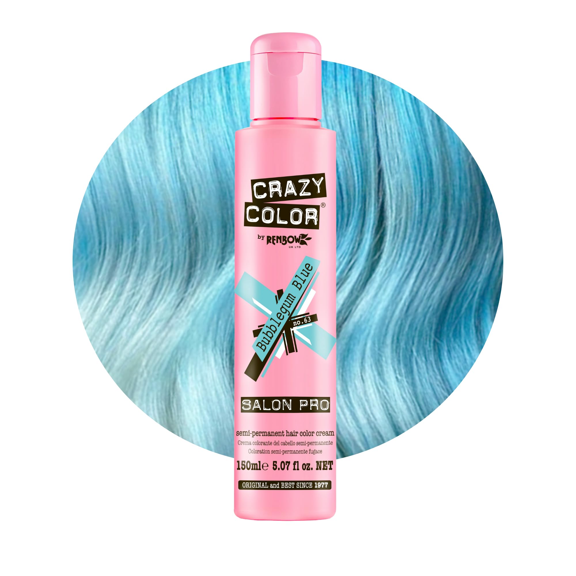 Crazy Color Salon Pro Semi-Permanent Hair Dye - 63 Bubblegum Blue for Women (5.07 oz) | Vibrant Long-Lasting Color for DIY Hair Coloring at Home, Parties & Cosplay
