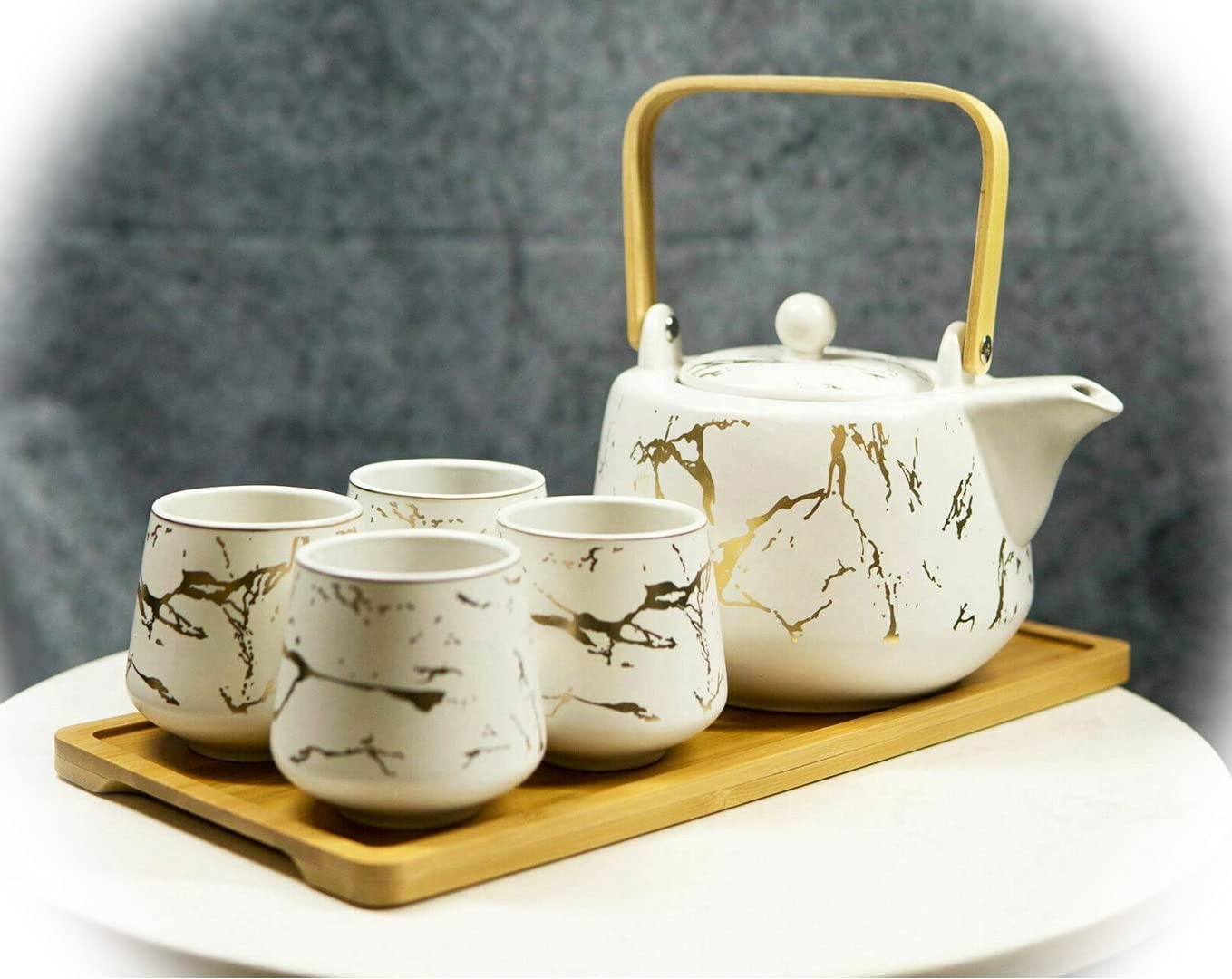 Elegant White Faux Marble with Gold Veins Ceramic Teapot and 4 Cups Set with Tray - Perfect for Tea Parties, Home Decor, and Gift Giving (EB-5760GIF) | Ideal for Afternoon Tea, Bridal Showers, and Housewarming Gifts