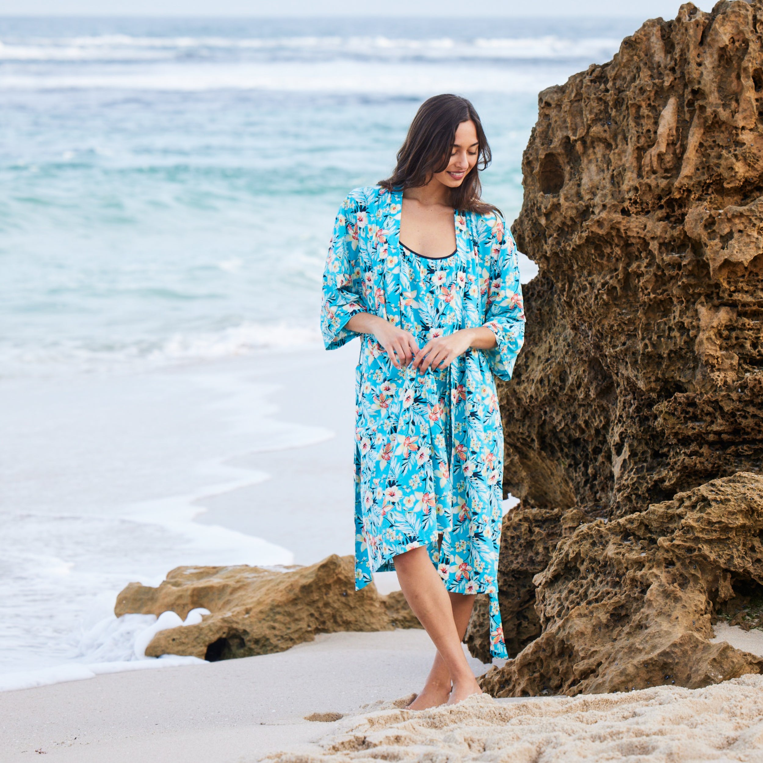 Women's Twilight Floral Woven Robe - Soft Blue Cotton Kimono Style Bathrobe for Spa, Lounge & Home Relaxation