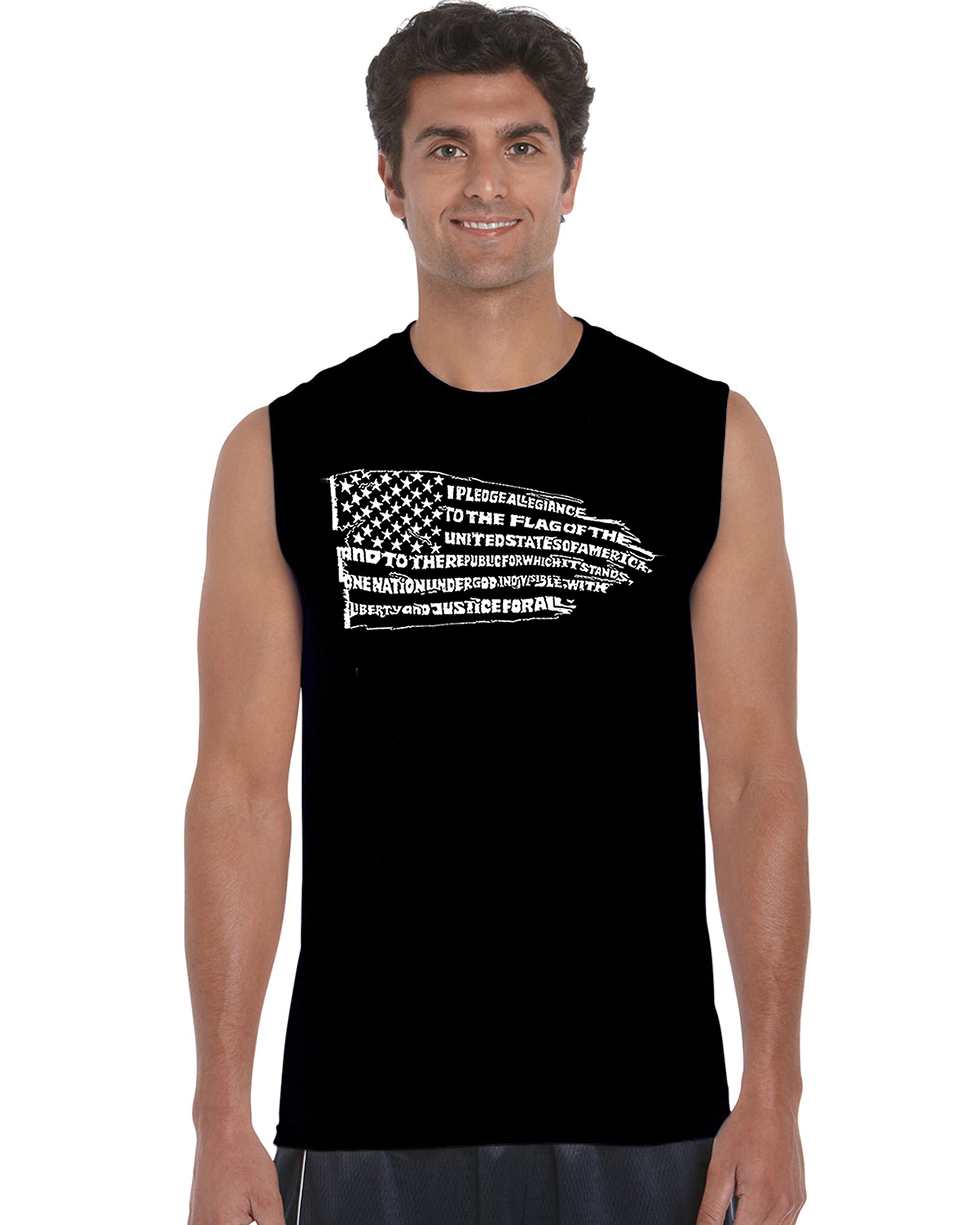 LA POP ART Men's Word Art Sleeveless T-Shirt - Patriotic Pledge of Allegiance Flag Design | Perfect for 4th of July, Veterans Day & American Pride Events