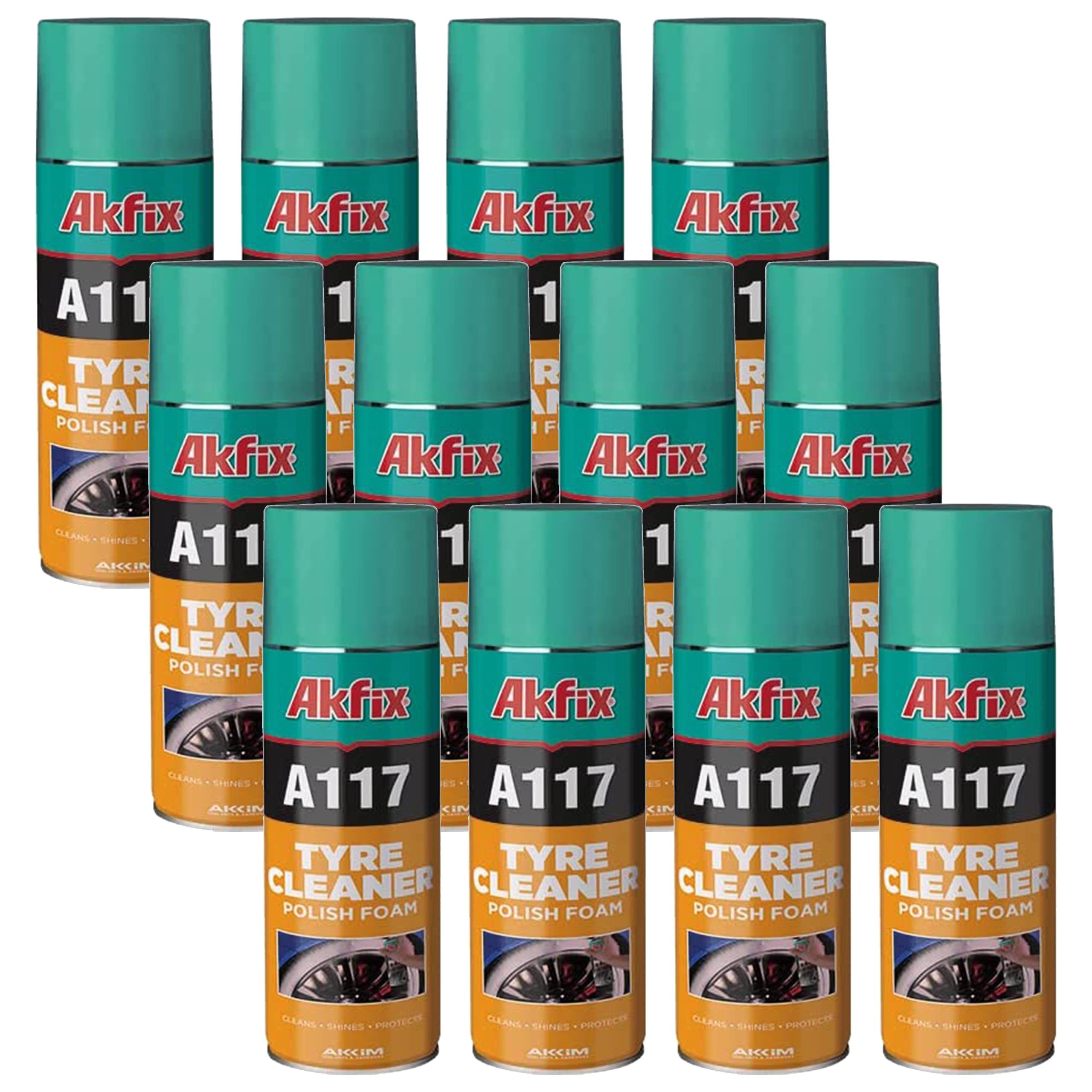 Akfix A117 Spray Foam Tire Cleaner - 16.9oz Aerosol Tire Shine for Cars, Motorcycles & Bikes - Black Rubber Protectant & Polish (12 Pack) - Perfect for Detailing, Auto Shows & Daily Tire Maintenance