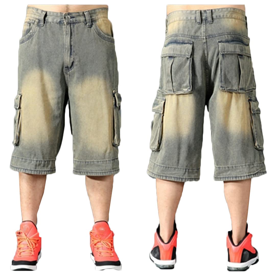 Men's Baggy Denim Shorts - Hip Hop Loose Fit 3/4 Length Cargo Jean Shorts with Pockets | Casual Streetwear & Summer Workwear