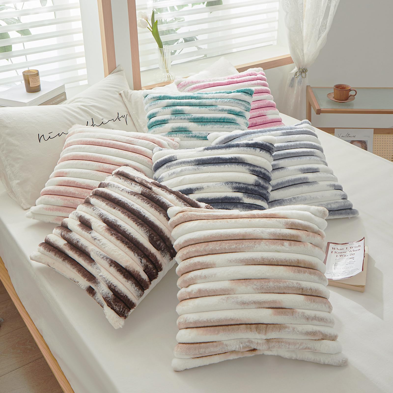 Luxury Faux Fur Plush Striped Throw Pillow Covers Set of 2 - 18x18 Inch Soft Cozy Decorative Cushion Covers for Living Room, Bed, Sofa - Blush Pink Gradient - Perfect for Home Decor, Gifts & Cozy Winter Nights