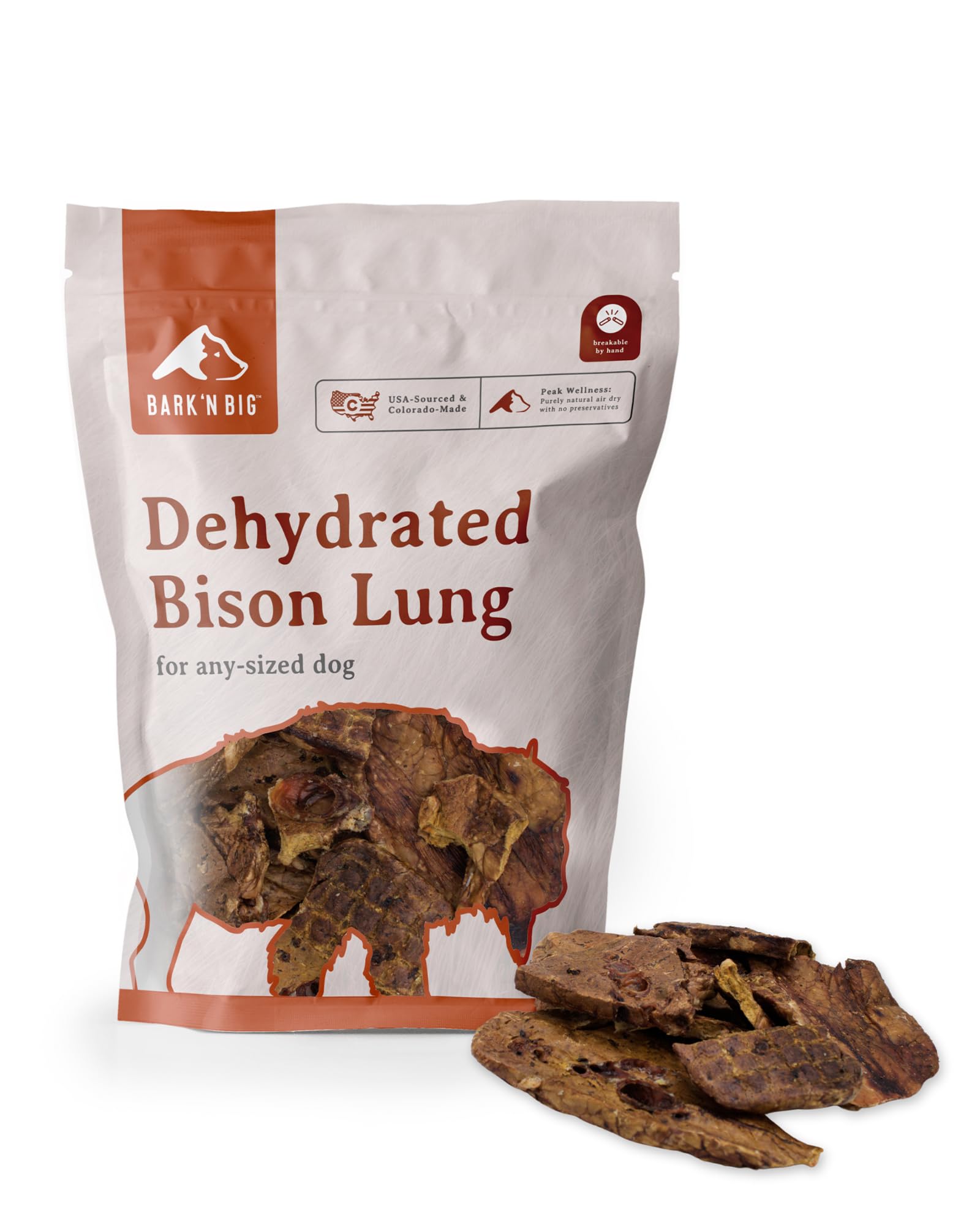 BARK'N BIG Bison Lung Dog Treats - Single Ingredient, High Protein, Low Fat, USA Made & Sourced - Dehydrated Bison Snacks for Sensitive Stomachs - 5 oz - Perfect for Training, Rewards & Digestive Health