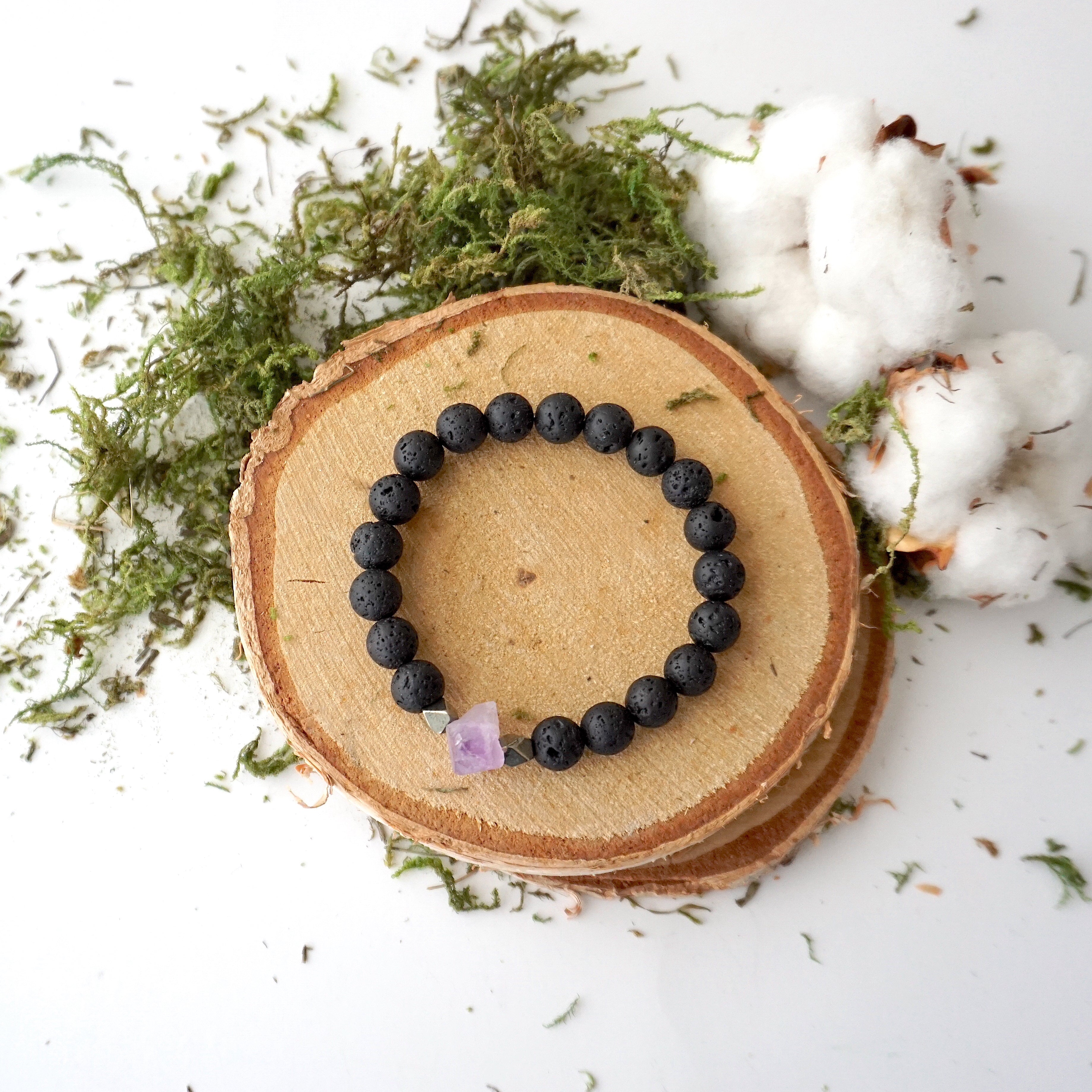 Natural Raw Amethyst & Black Lava Stone Beads Healing Crystal Mala Bracelet for Meditation, Yoga & Spiritual Protection | Handmade Gemstone Jewelry Gift