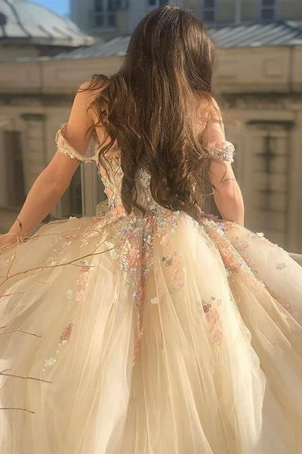 Elegant Off Shoulder Floral A-Line Prom Dress with 3D Flowers - Formal Party Gown for Sweet 16, Homecoming, Ball & Special Occasions - Style J5040