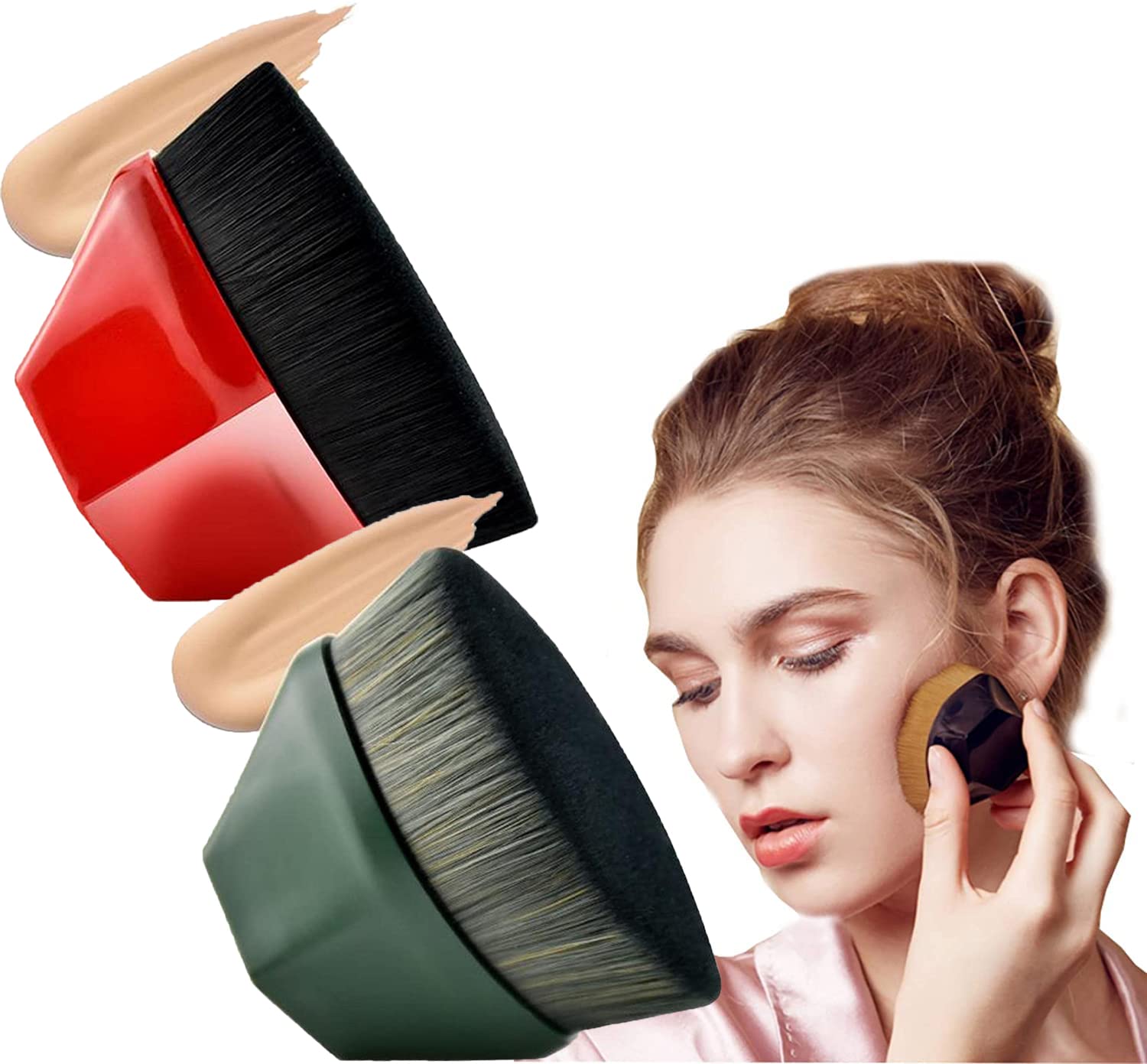 Flat Top Kabuki Makeup Brush Set - 4 Pack (Red+Green) for Flawless Foundation Application