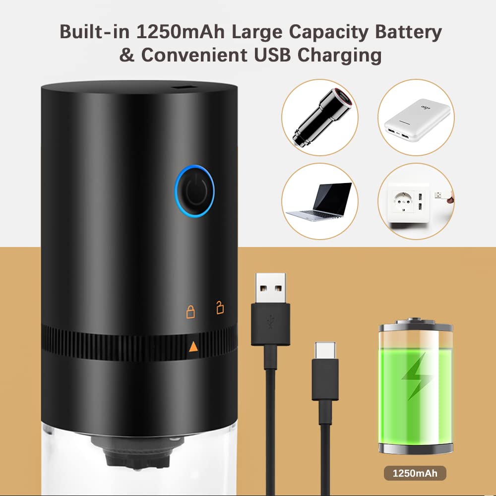Kavolet Portable Electric Burr Coffee Grinder - 4 Cup Small Automatic Coffee Bean Grinder with Adjustable Grind Settings, USB Rechargeable 1250mAh Battery - Perfect for Home, Office, Travel, Hiking & Camping - Fresh Ground Coffee Anywhere