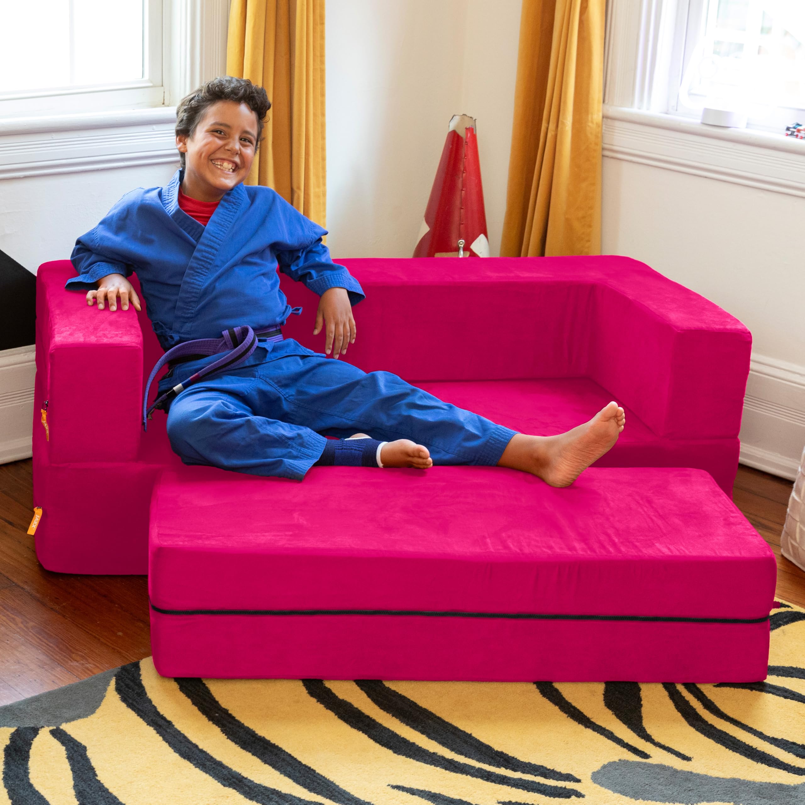 Jaxx Zipline 3-in-1 Fold Out Sofa with Large Ottoman - Big Kids Edition in Fuchsia (Model 17454) | Convertible Sleeper Sofa for Playrooms, Dorm Rooms & Small Spaces