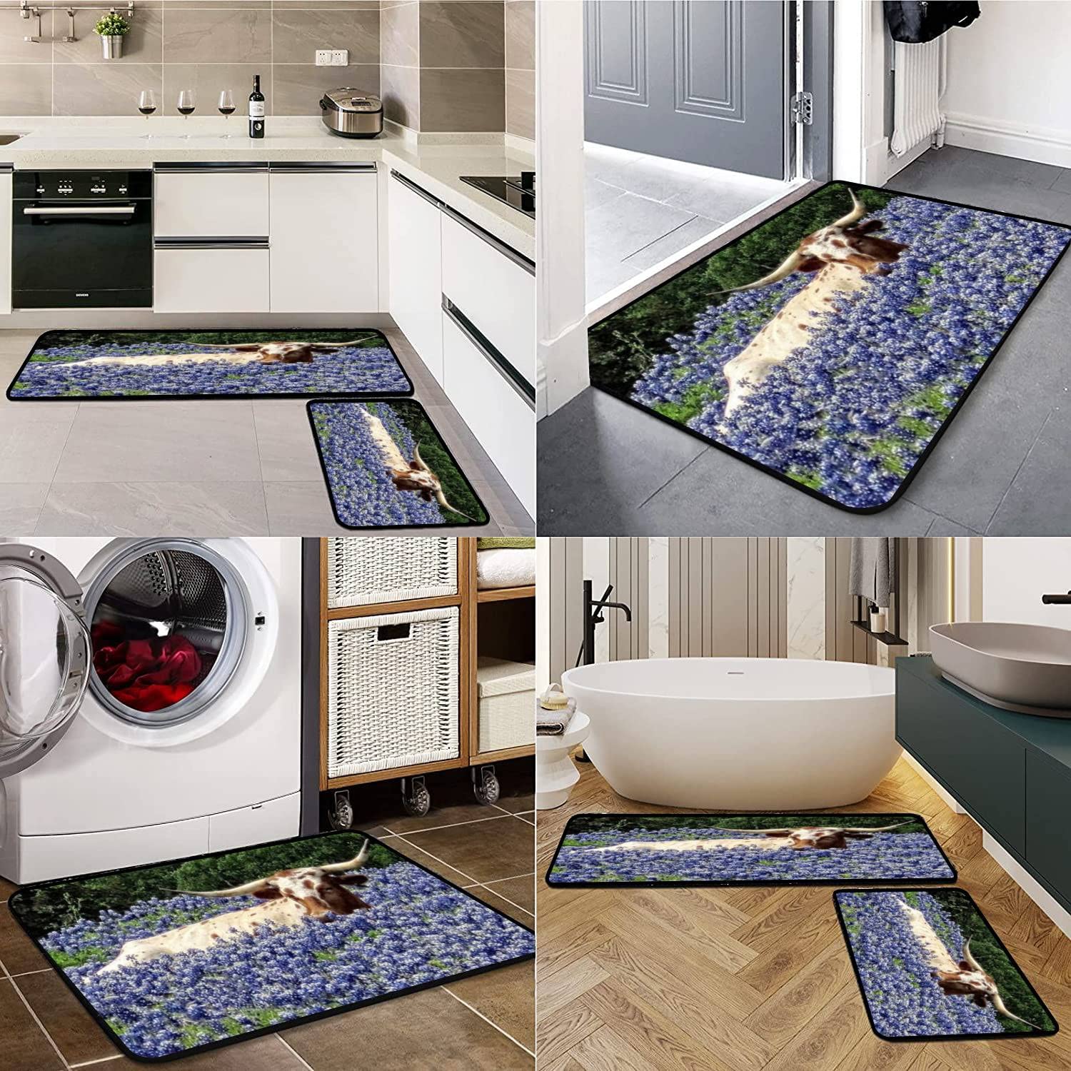Non-Slip Washable Kitchen Rugs Set - Longhorn in The Bluebonnets Texas Design, Anti-Fatigue Floor Mats for Standing Comfort, Kitchen Runner & Bath Rug Decor - Perfect for Home, Office, and High-Traffic Areas