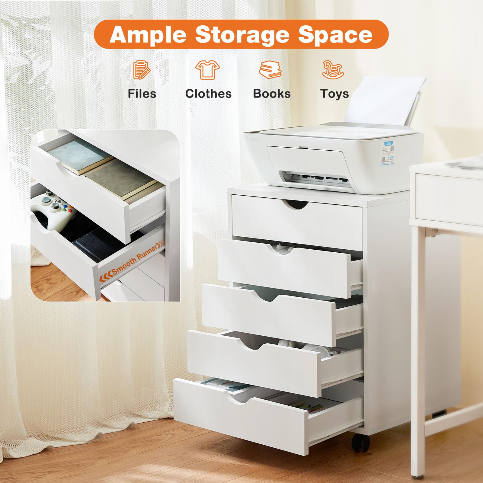 5-Drawer Wooden Dresser with Wheels - Mobile Storage Cabinet for Bedroom, Office & Home Organization - Small Drawers Chest for Clothes, Accessories & Essentials