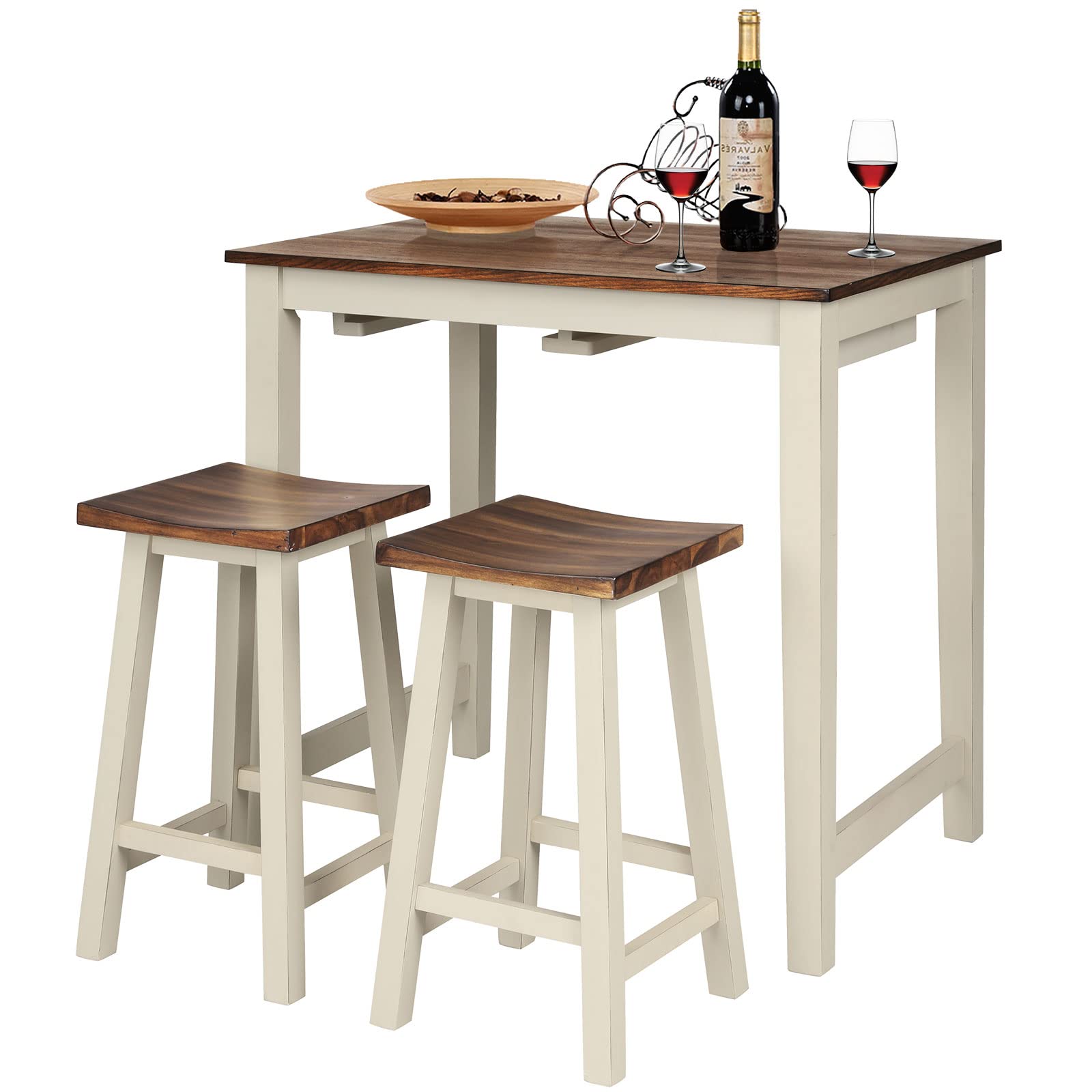 COSTWAY 3-Piece Counter Height Dining Set with 2 Saddle Stools - Industrial Style Wooden Pub Table for Breakfast Bar, Kitchen, Living Room & Restaurant | Perfect for Small Spaces, Apartments & Outdoor Patios