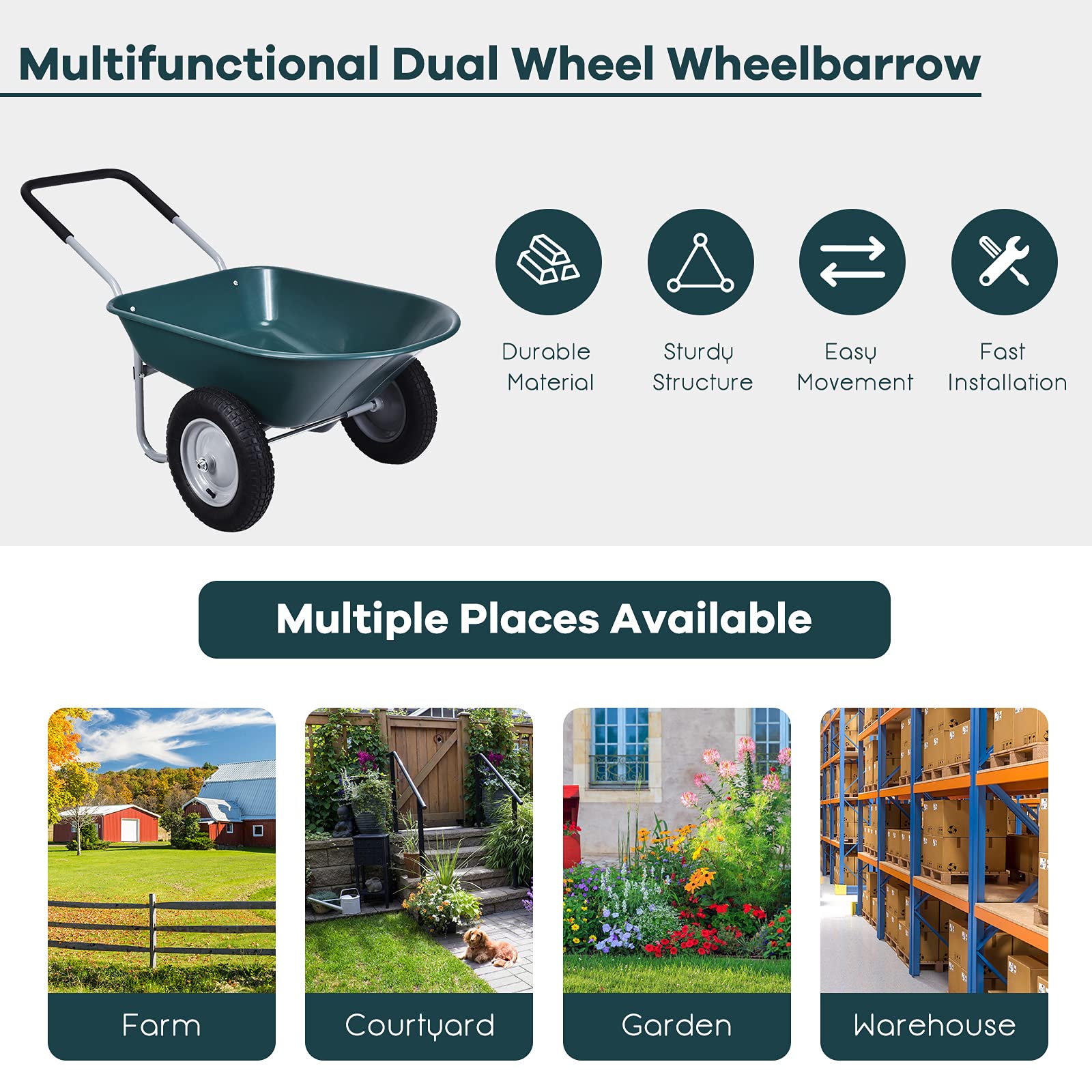 Heavy Duty Dual Wheel Wheelbarrow - 330 LBS Capacity with All-Terrain Pneumatic Tires | Utility Garden Cart for Gardening, Planting, Yard Work & Construction Sites | Perfect for Home Improvement, Landscaping & Outdoor Projects (Green)