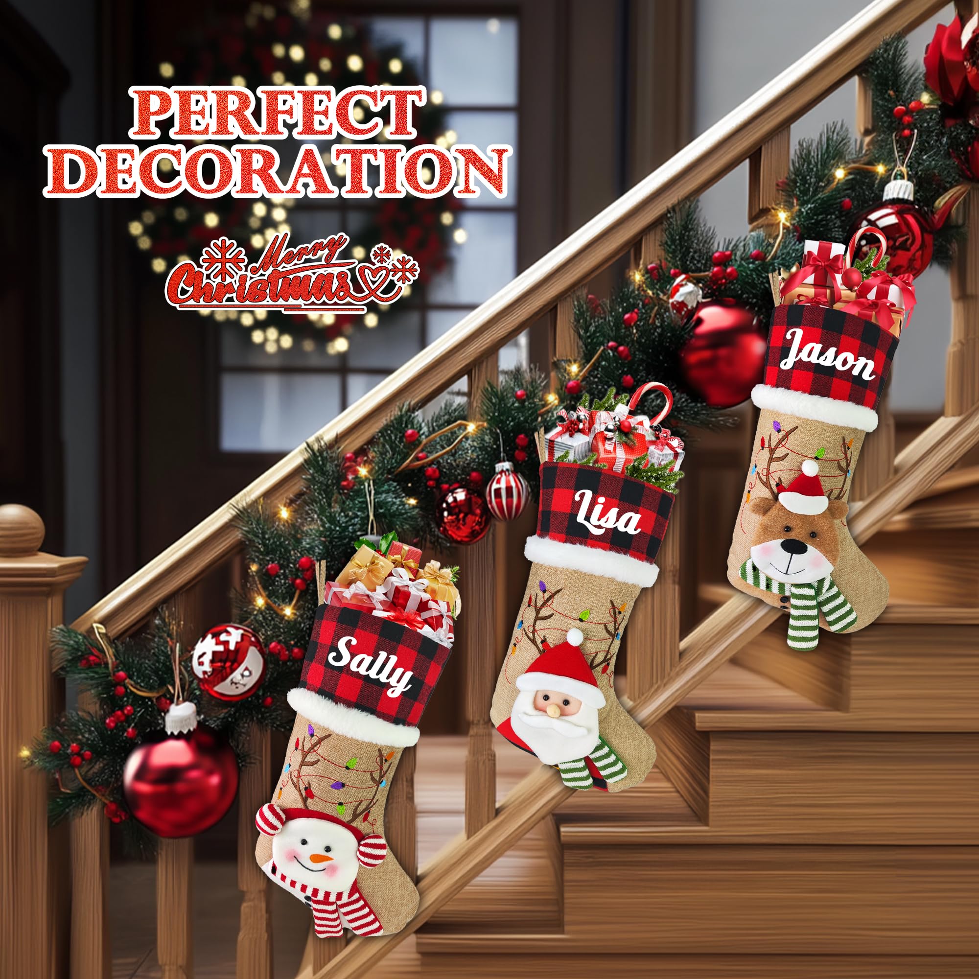 Personalized Christmas Stockings with Name - Custom Holiday Stockings for Fireplace & Tree Decor - Burlap Plaid Xmas Party Gifts for Family & Kids (3D Reindeer Design) - Perfect for Christmas Eve, Family Gatherings & Festive Home Decor