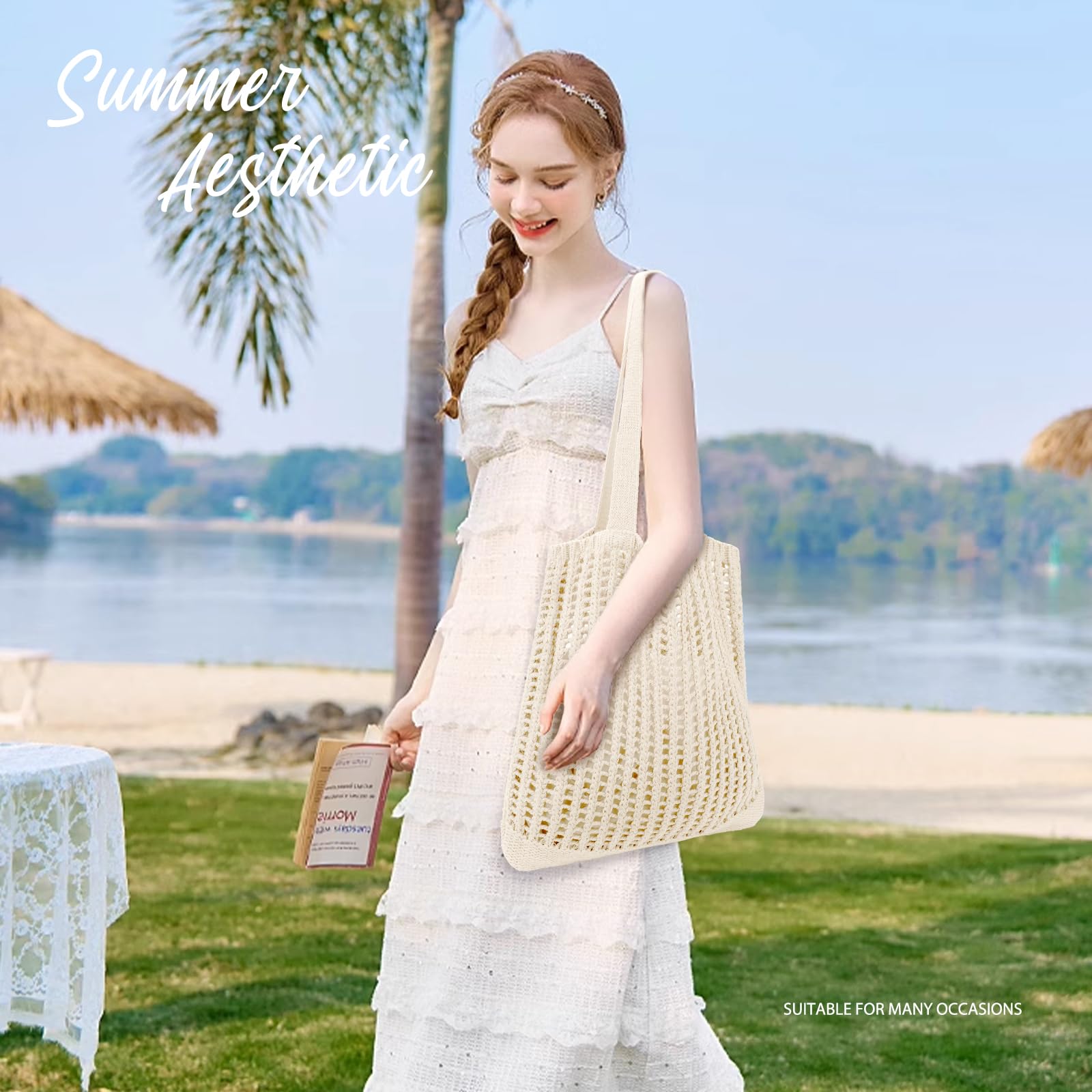 Crochet Beach Tote Bag for Women - Boho Hippie Knit Purse, Summer Aesthetic Handbag for Travel, Shopping & Picnic
