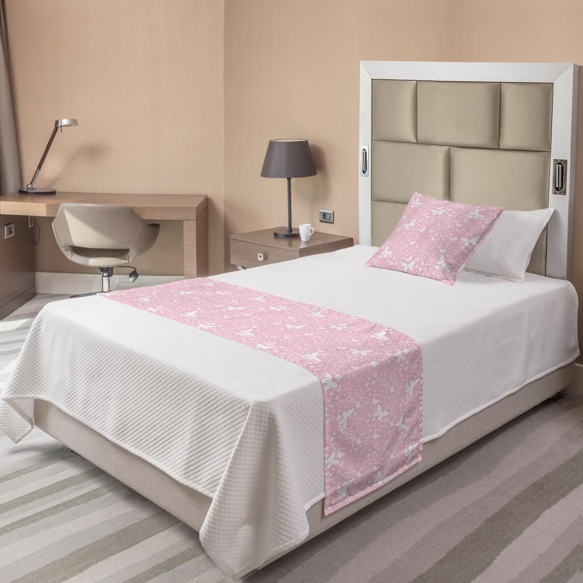 Ambesonne Butterfly Bed Runner Set - Floral Soft Background with Butterfly Silhouettes, Decorative Bed Scarf & Pillow Sham for Twin Bed | Hotel & Home Decor in Pale Pink & White | Perfect for Bedroom Makeover, Guest Room Styling & Wedding Decor
