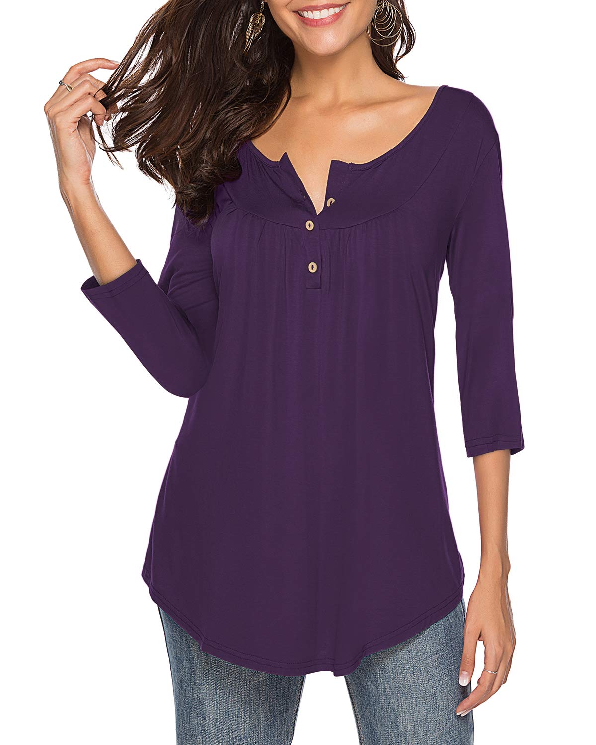 THANTH Women's Casual V-Neck 3/4 Sleeve Button-Up Blouse - Loose Fit Tunic Top for Work, Office & Everyday Wear