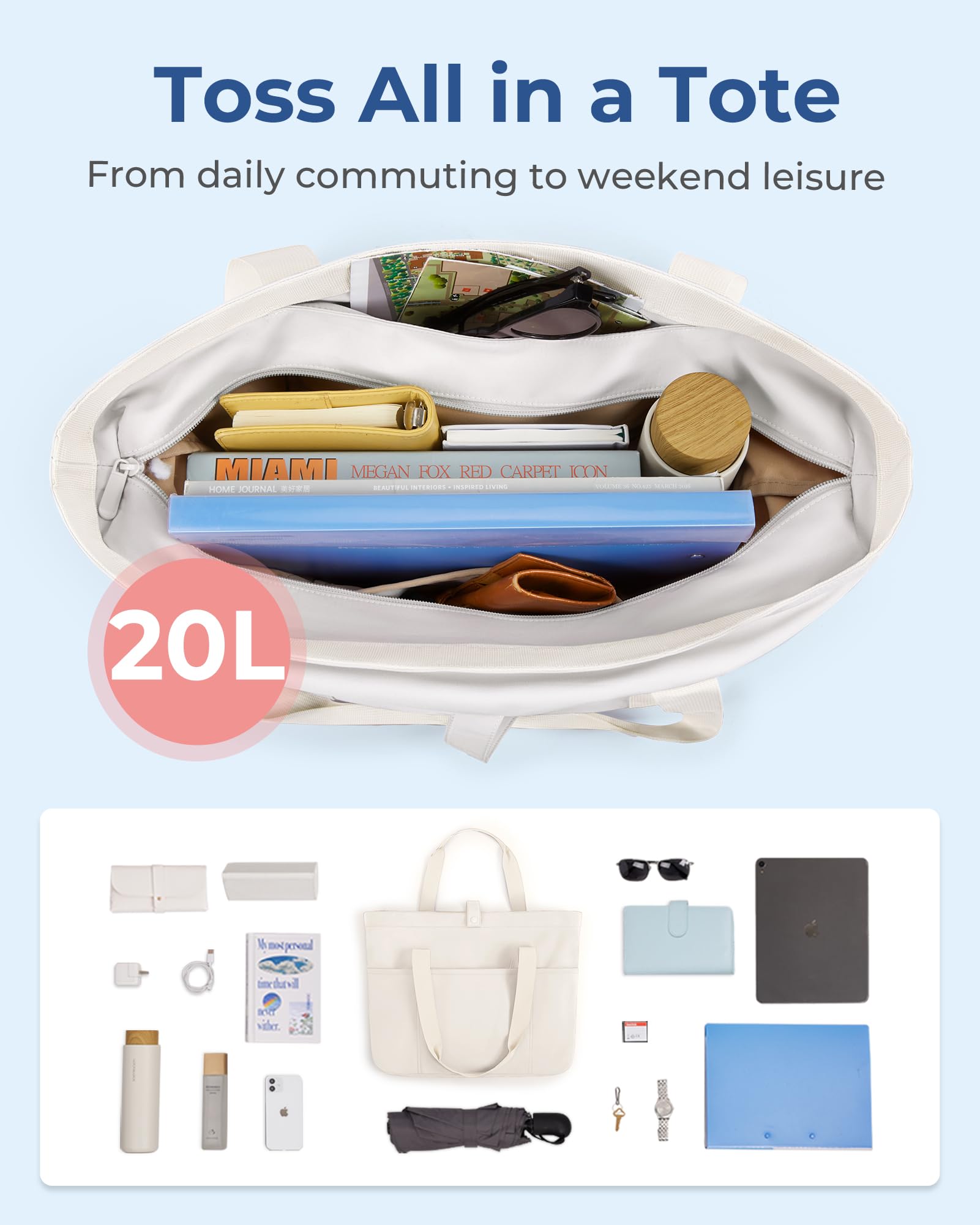 BAGSMART Large Foldable Zipper Tote Bag for Women - Stylish Shoulder Bag with Top Handle for Travel, Work, Shopping & Daily Use