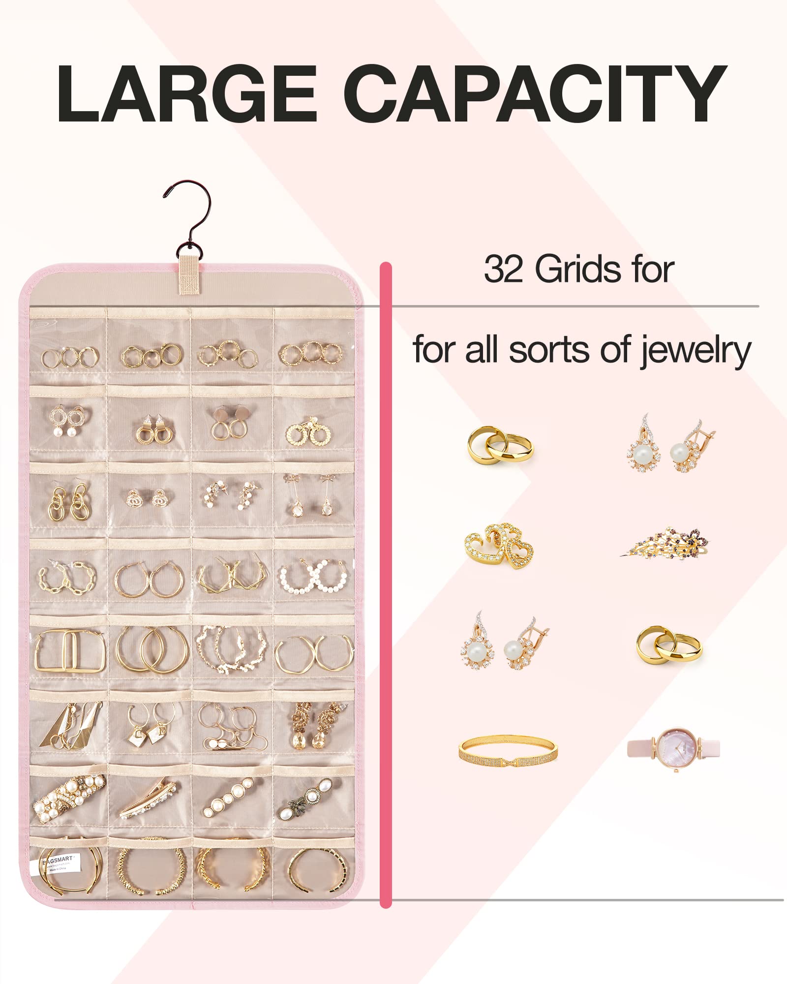 BAGSMART Hanging Jewelry Organizer - Double-Sided Jewelry Storage Roll with Metal Hooks for Earrings, Necklaces, Rings - Perfect for Closet, Wall, or Door - Medium Size, Pink - Ideal for Travel, Home Organization & Gift Giving