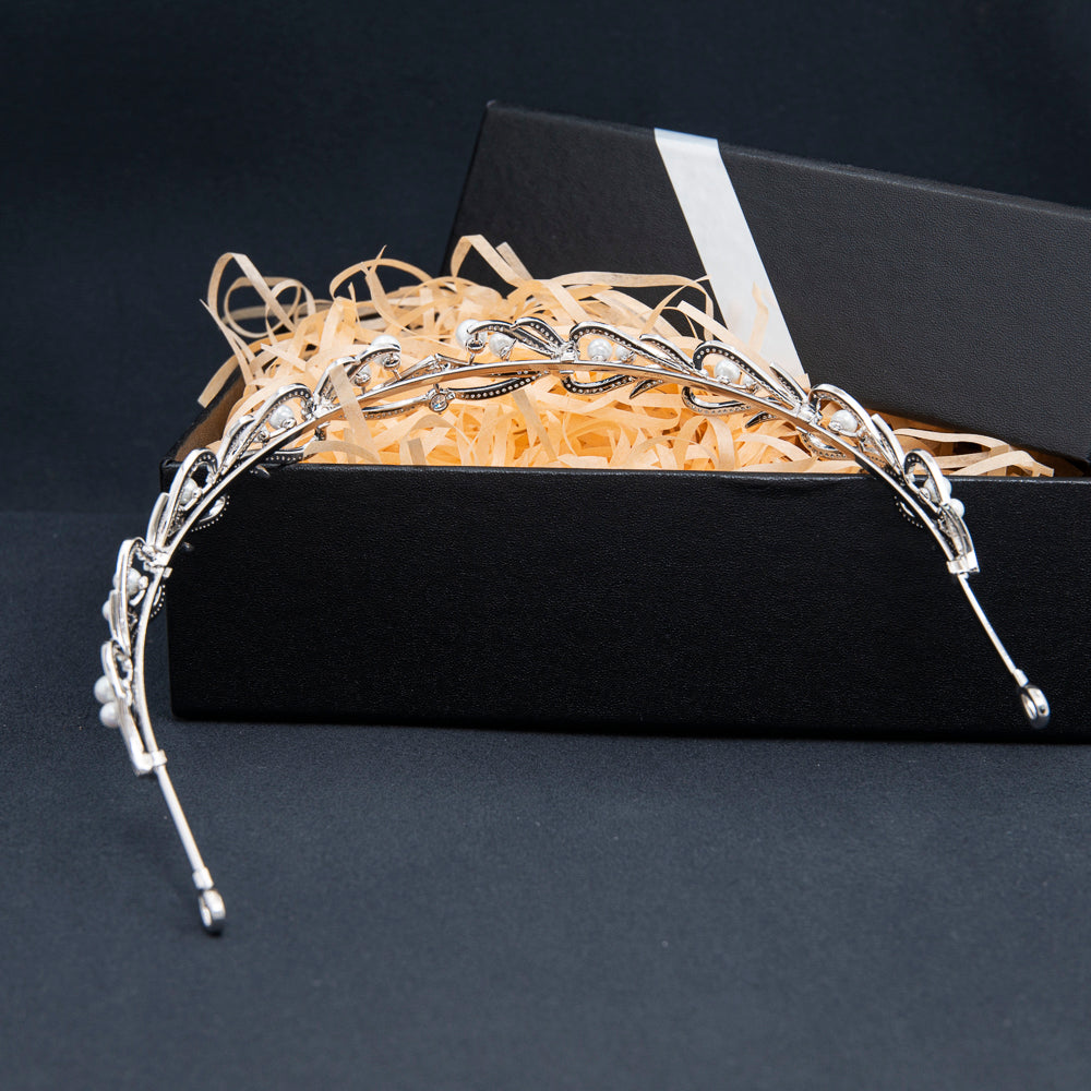 Elegant Pearls & Cubic Zirconia Leaf Headband Tiara - Wedding Hair Accessories for Women & Girls (CH10399) - Perfect for Bridal, Prom, Pageant & Special Occasions