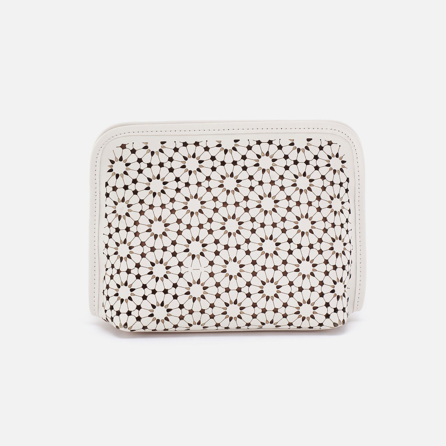Elegant Perforated Leather Cosmetic Bag - Ecru Daisy Print Makeup Pouch for Travel & Daily Essentials | Perfect for Women's Toiletries, Jewelry, and Accessories Storage