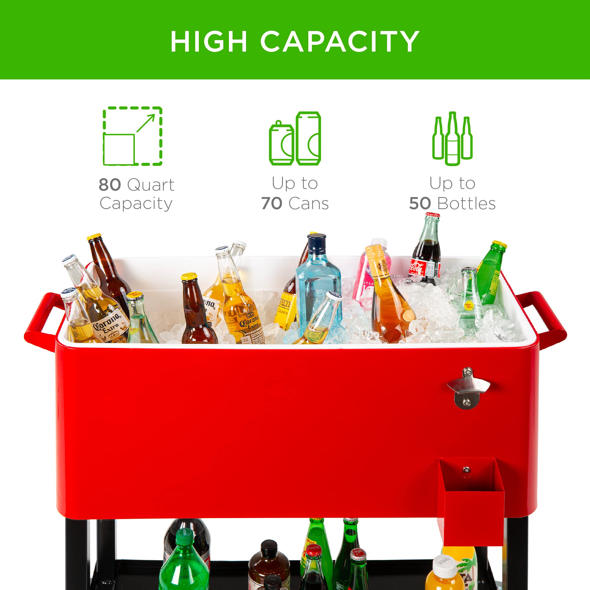 Best Choice Products 80-Quart Outdoor Steel Rolling Cooler Cart with Ice Chest, Bottle Opener, Catch Tray, Drain Plug & Locking Wheels - Perfect for Camping, Beach Trips, BBQs and Tailgating Parties