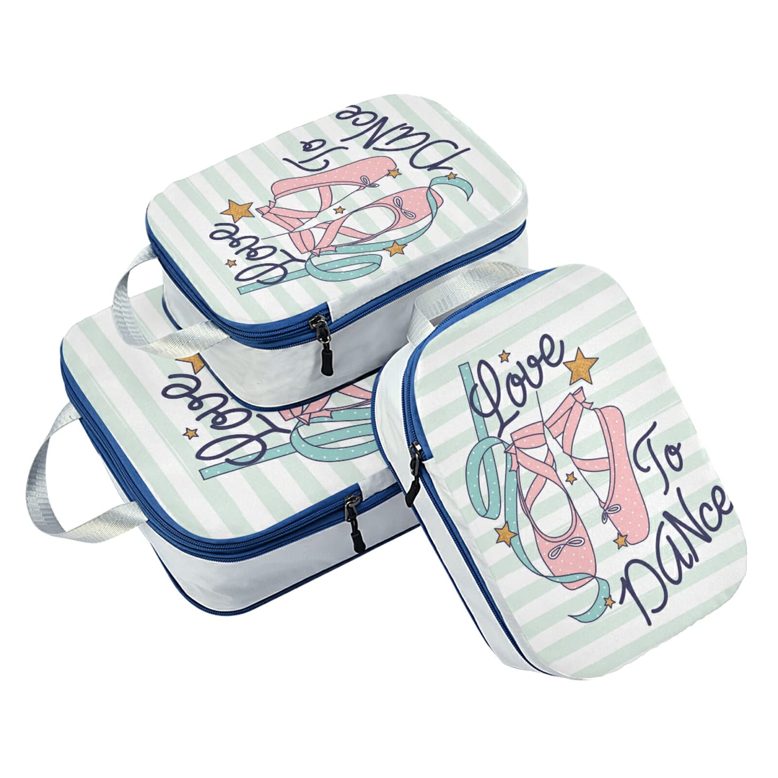 Pink Ballerina Shoes Love To Dance Green White Stripes 3-Piece Packing Cube Set - Waterproof Travel Organizers for Suitcases, Luggage & Toiletry Storage - Perfect for Ballet Dancers, Weekend Trips & Airplane Carry-Ons
