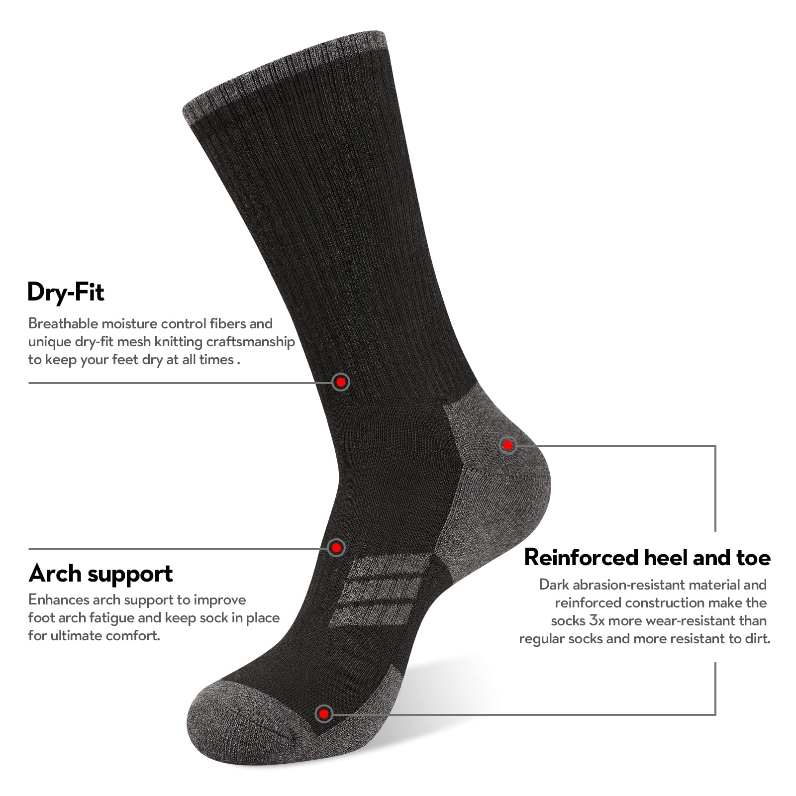Heatuff Men's Moisture-Wicking Heavy Cushion Crew Socks - Reinforced Heel & Toe for Durability - Ideal for Running, Hiking & Everyday Comfort