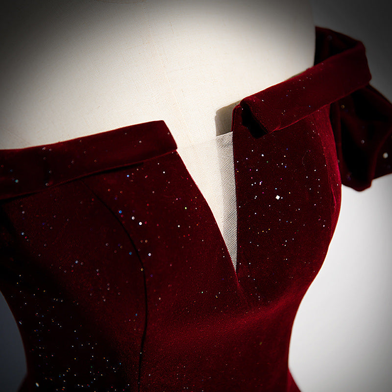 Elegant Off Shoulder Burgundy Long Prom Dress - A-Line Velvet Shiny Evening Gown for Women | Perfect for Homecoming, Formal Dances & Special Occasions