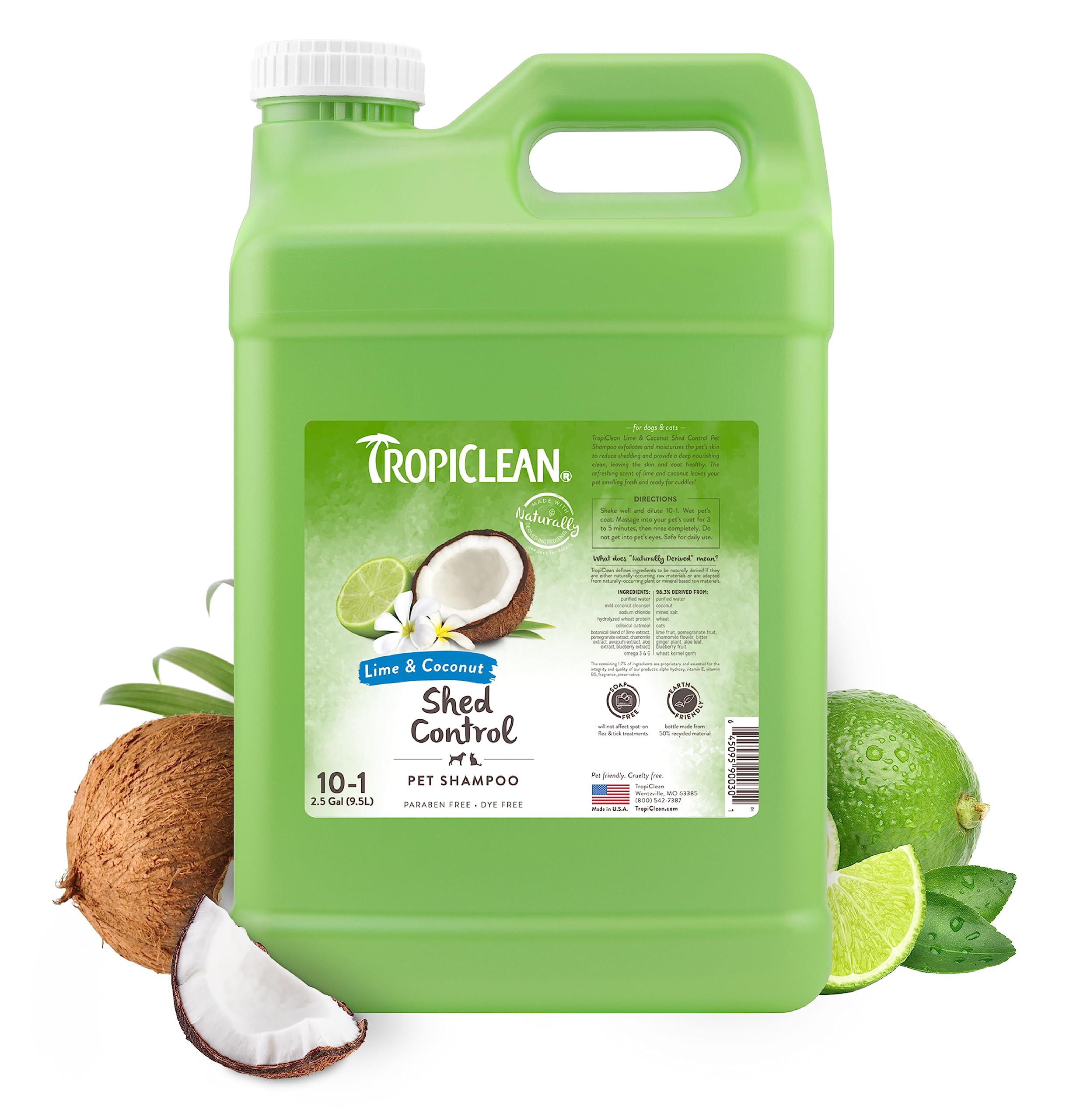 TropiClean Deshedding Dog Shampoo for Shedding Control - Professional Strength, Fast-Acting Formula, Safe for Puppies - Lime & Coconut Scented, Made in USA (2.5 Gallon) - Perfect for Bath Time & Grooming Sessions
