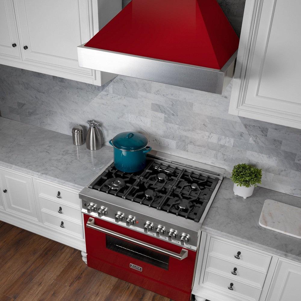ZLINE 36 Inch Professional Wall Mount Range Hood - Stainless Steel Ducted Vent Hood with Red Gloss Shell (8654RG 36) | Powerful Kitchen Exhaust Fan for Gas Stove | Perfect for Modern Home Cooking & BBQ