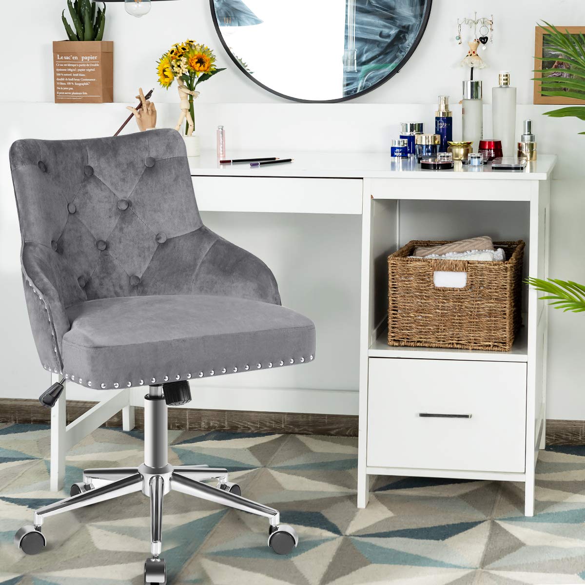 Giantex Modern Velvet Office Chair with Tufted Upholstery & Nailhead Trim - Adjustable Mid-Back Swivel Armchair for Home Office, Computer Desk & Workspace - Comfortable Task Chair for Working, Studying & Gaming (Gray)