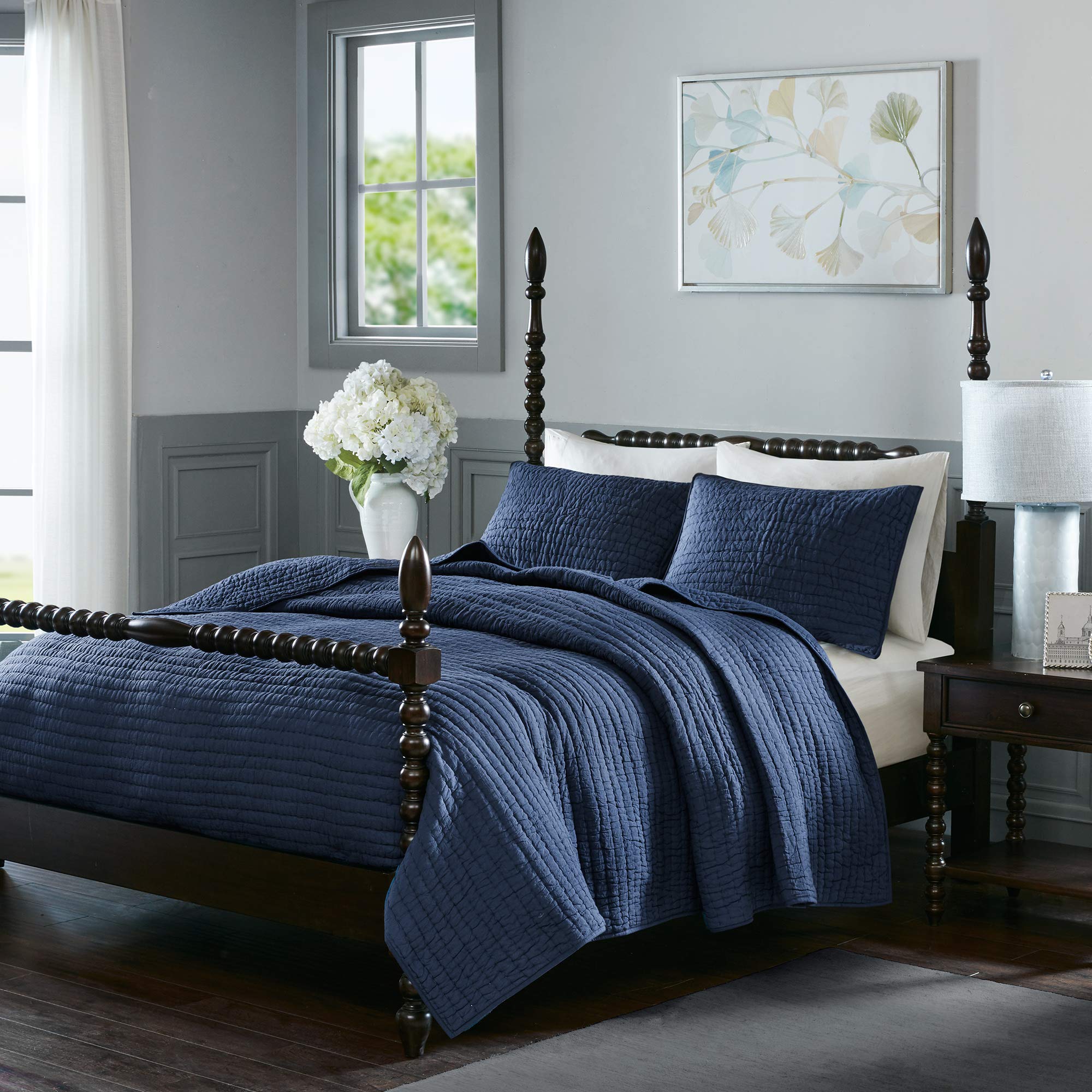 Madison Park Signature Serene Full/Queen Size Quilt Bedding Set - 100% Cotton Voile Quilted Coverlet, 3-Piece Navy Blue Bedspread | Perfect for Cozy Bedrooms, Guest Rooms & Luxury Hotel Style Decor