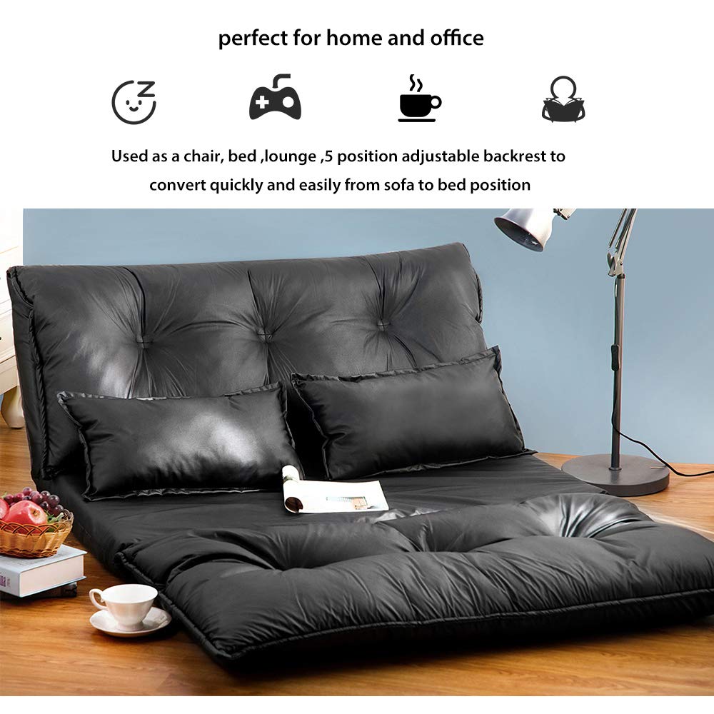 YSKWA Adjustable Floor Couch Sofa - 5 Reclining Positions, Foldable Chaise Lounge with 2 Pillows - Leather Floor Mattress for Living Room, Bedroom & Dorm - Perfect for Relaxing, Reading & Watching TV (Black)