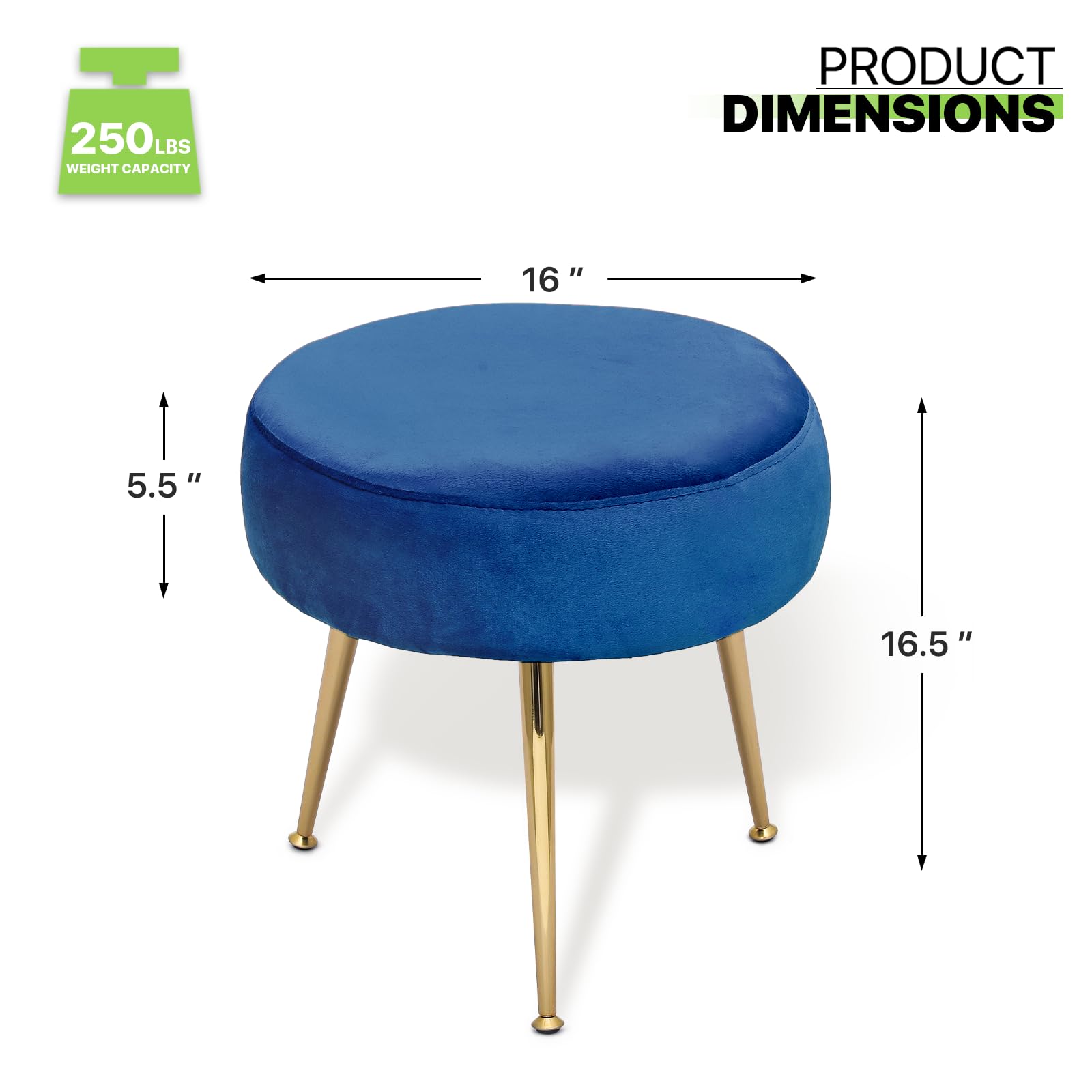 Magshion Velvet Vanity Stool - Round Ottoman Makeup Chair with Sturdy Metal Legs, Small Footstool for Dressing Table, Bedroom, Living Room | Perfect for Makeup Vanity, Reading Nook & Cozy Home Decor (Blue)