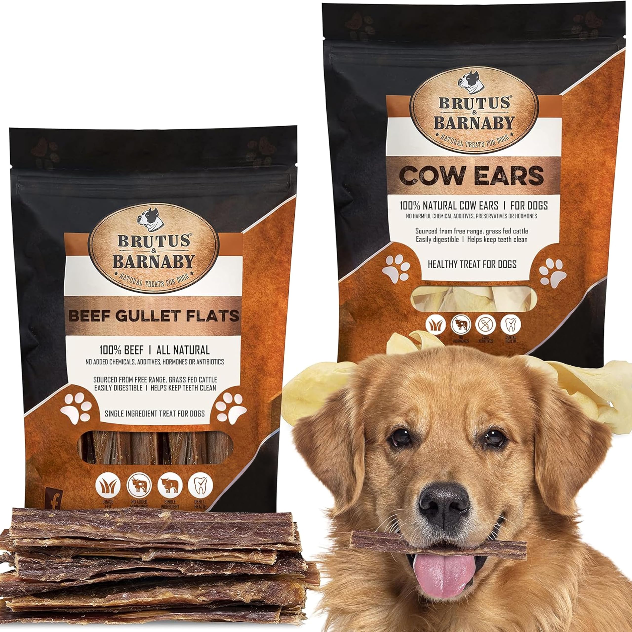 All Natural BRUTUS & BARNABY 12 Cow Ears + 15 Gullet Dog Treats - Healthy Chews for Small & Large Breeds - Perfect for Training, Dental Health & Long-Lasting Entertainment