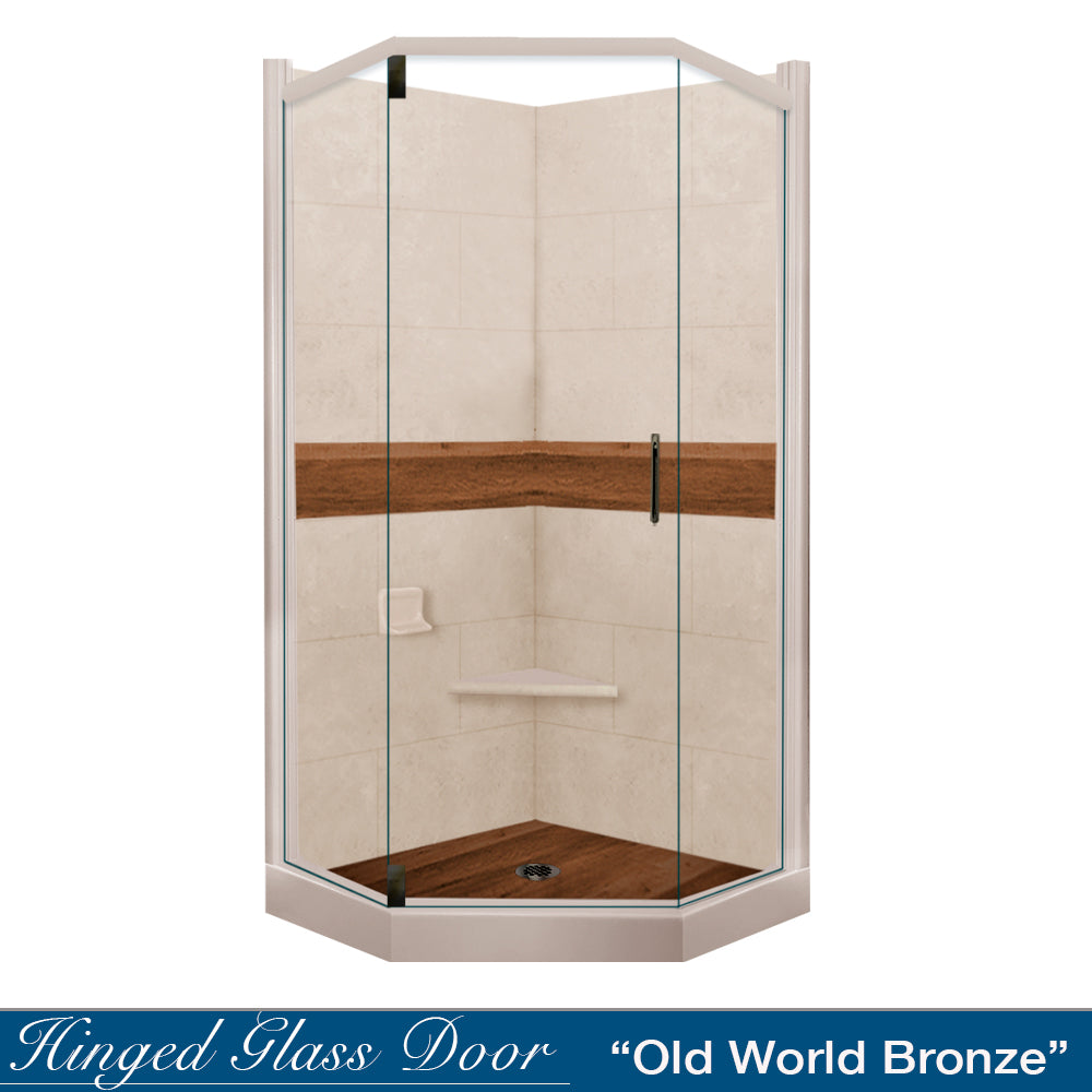 Neo Angle Brown Sugar Sistine Stone & Burnt Oak Wood Accent Shower Remodel Kit - DIY Bathroom Upgrade for Modern Home Renovation | Perfect for Small Spaces and Luxurious Spa-Like Showers