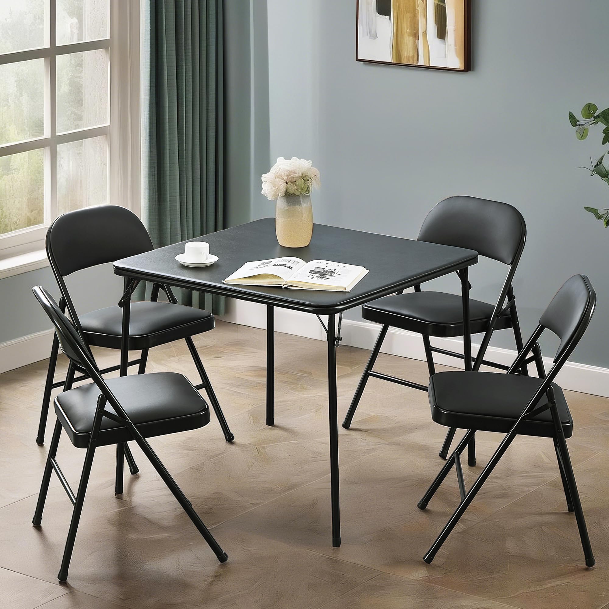 VECELO 5-Piece Folding Card Table and Chair Set - Portable Game Table with Padded Tabletop, No Assembly Required, Black - Perfect for Indoor/Outdoor Parties, Poker Nights, and Family Gatherings