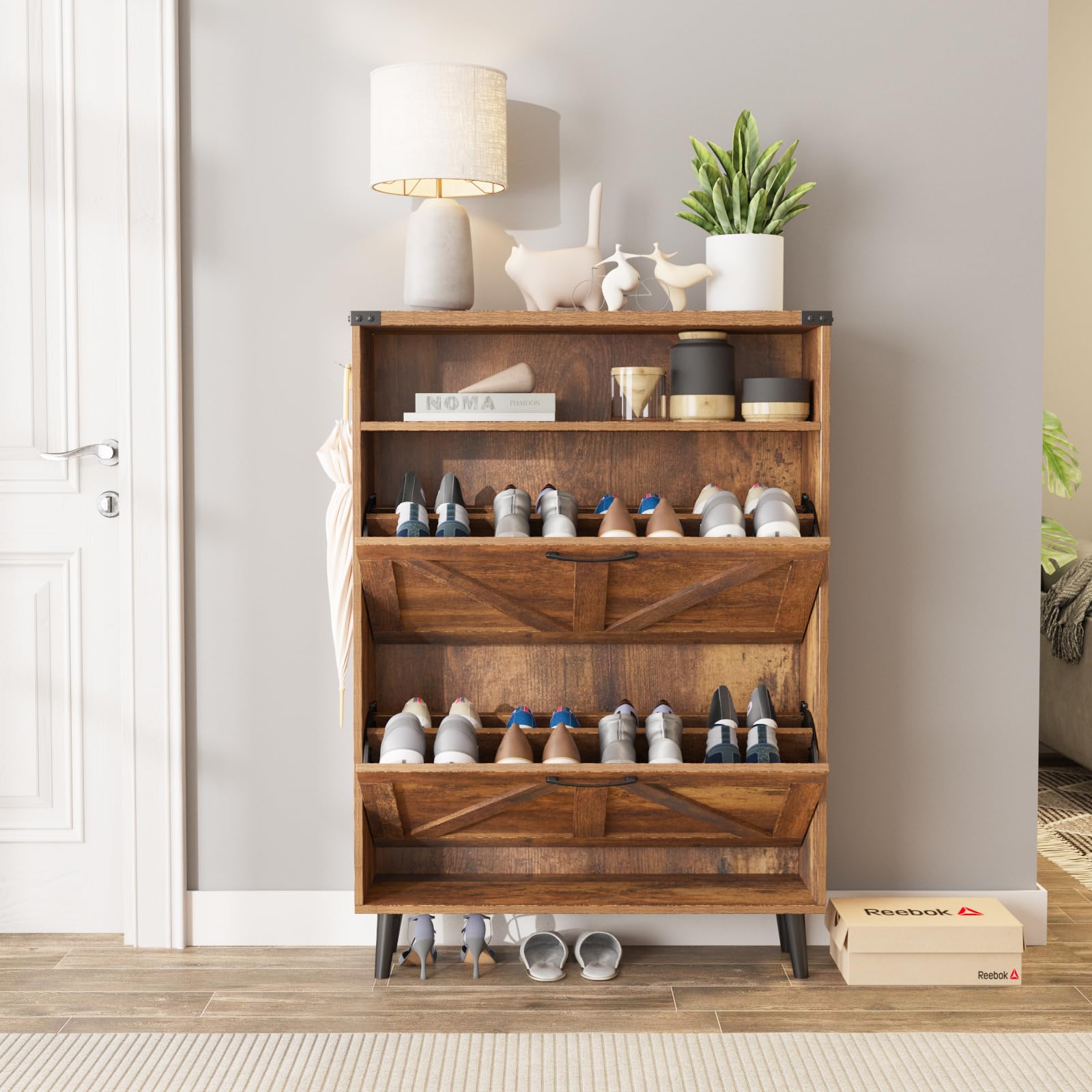 2-Tier Flip-Drawer Shoe Storage Cabinet - Freestanding Entryway Organizer with Open Shelves & Farmhouse Legs, Narrow Shoe Rack for Hallway, Closet & Mudroom Organization (Brown)